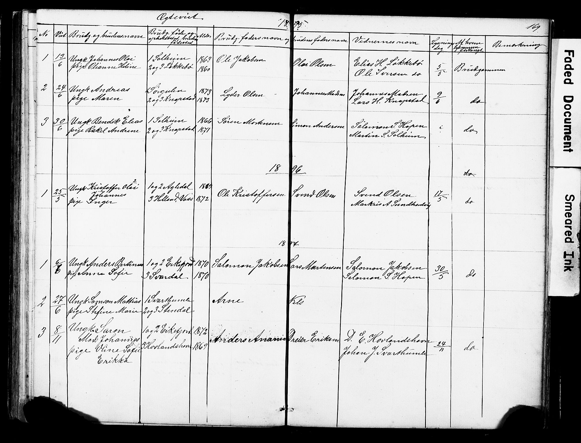 Kinn sokneprestembete, AV/SAB-A-80801/H/Hab/Habe/L0001: Parish register (copy) no. E 1, 1864-1899, p. 169