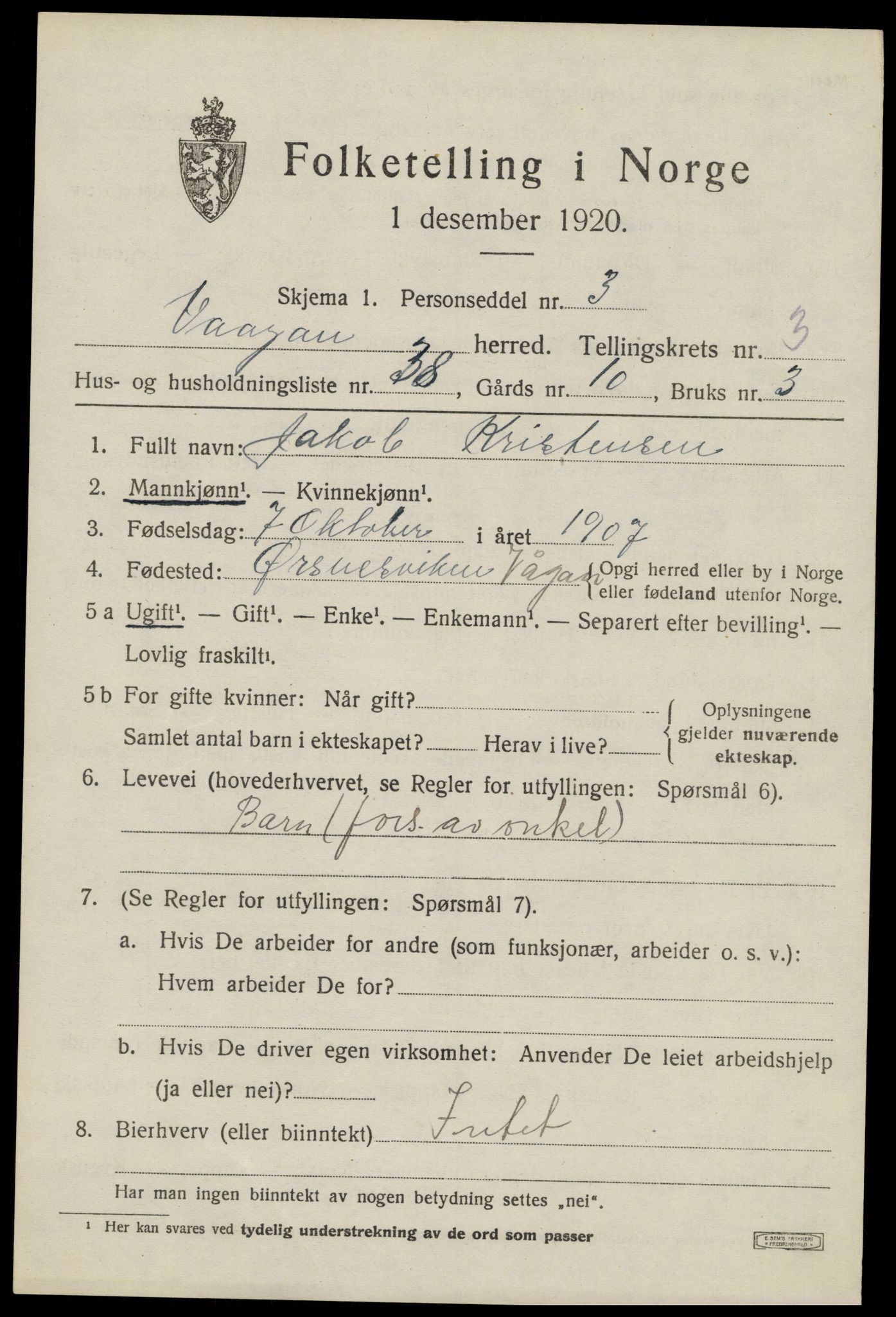 SAT, 1920 census for Vågan, 1920, p. 3039