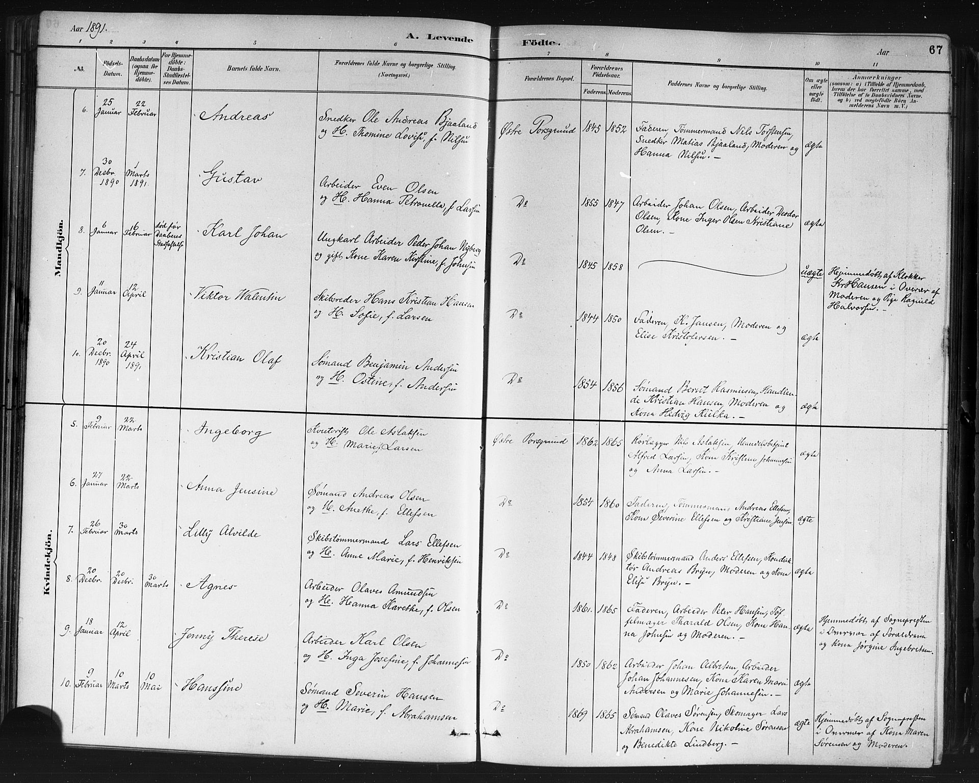 Porsgrunn kirkebøker , SAKO/A-104/G/Gb/L0005: Parish register (copy) no. II 5, 1883-1915, p. 67
