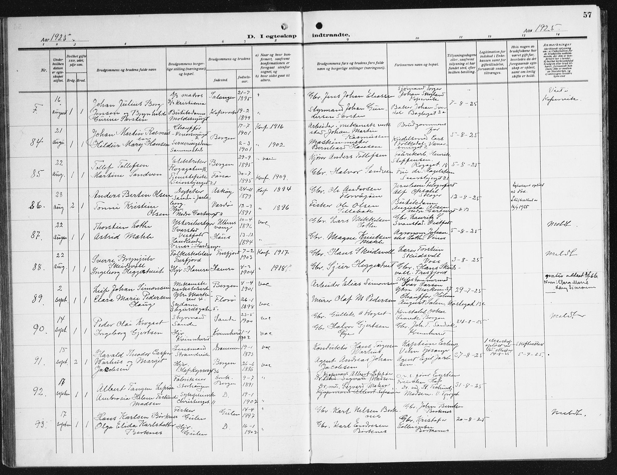 Domkirken sokneprestembete, AV/SAB-A-74801/H/Haa/L0039: Parish register (official) no. D 6, 1921-1937, p. 57