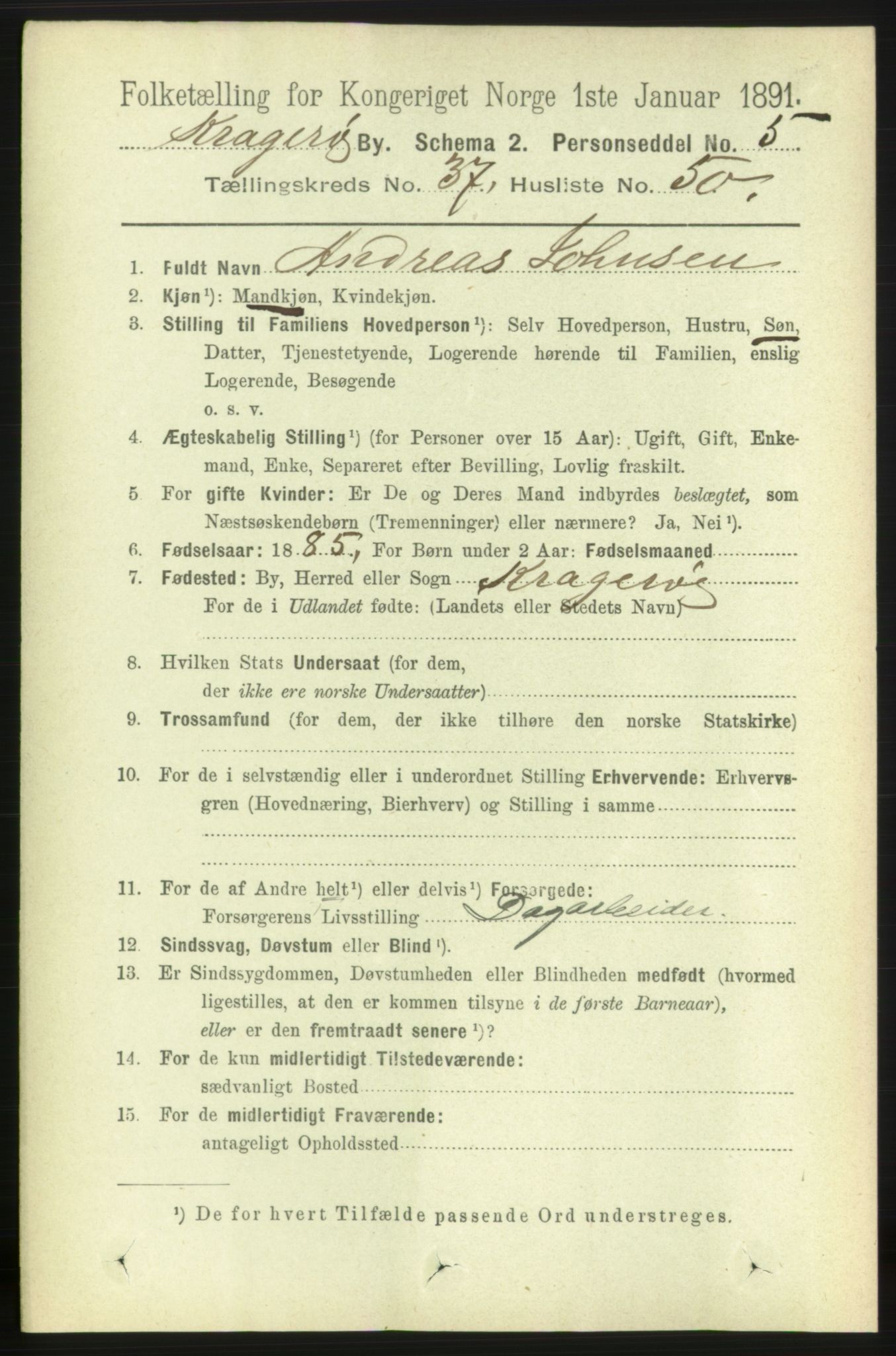 RA, 1891 census for 0801 Kragerø, 1891, p. 7088