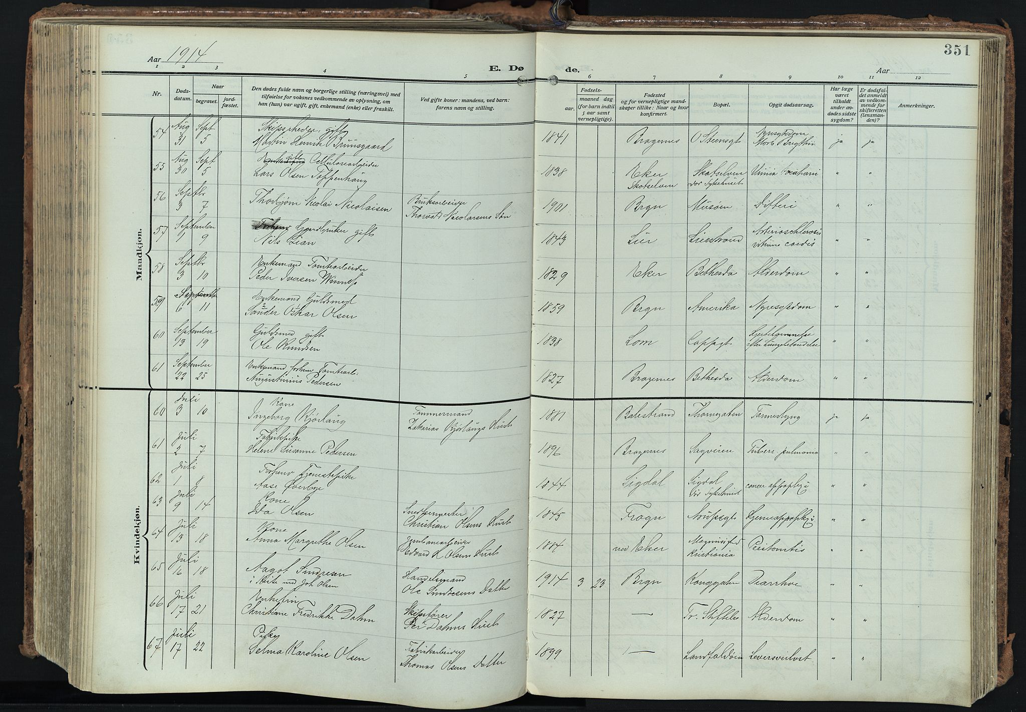Bragernes kirkebøker, AV/SAKO-A-6/F/Fb/L0010: Parish register (official) no. II 10, 1911-1922, p. 351
