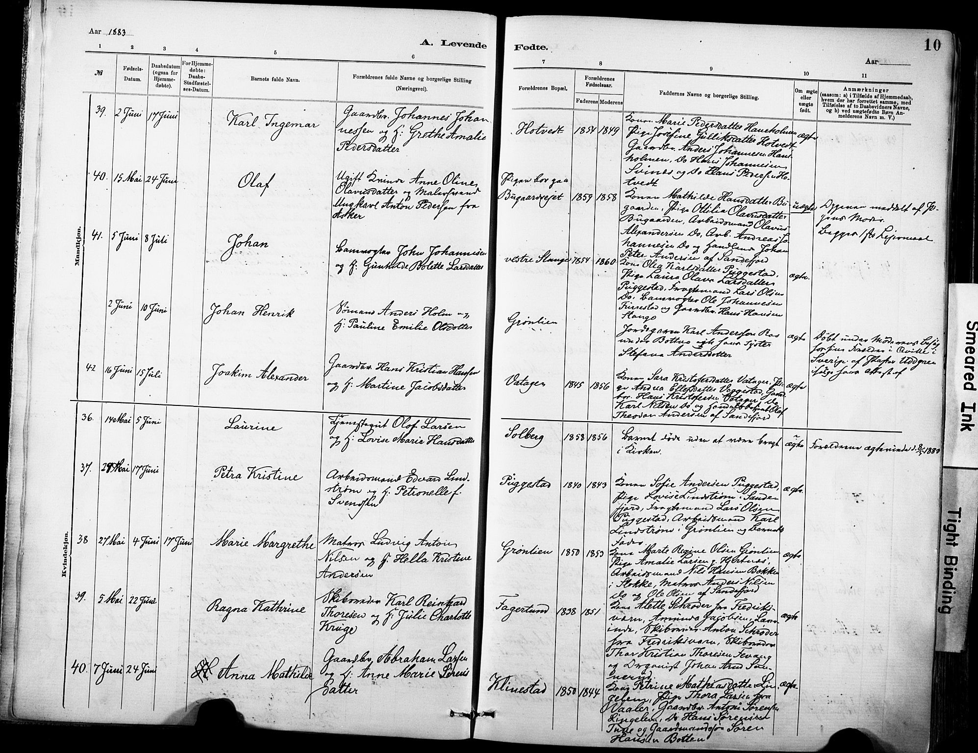 Sandar kirkebøker, SAKO/A-243/F/Fa/L0012: Parish register (official) no. 12, 1883-1895, p. 10