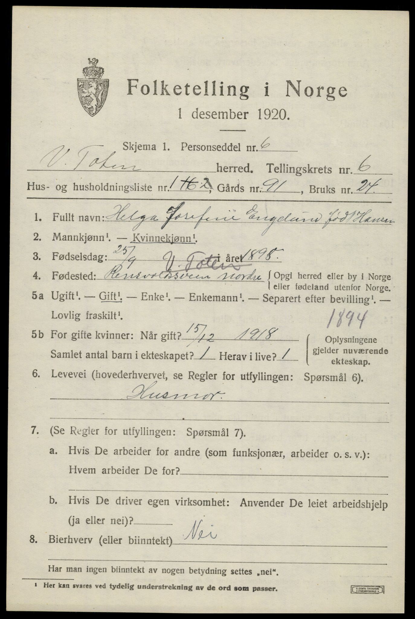 SAH, 1920 census for Vestre Toten, 1920, p. 8194