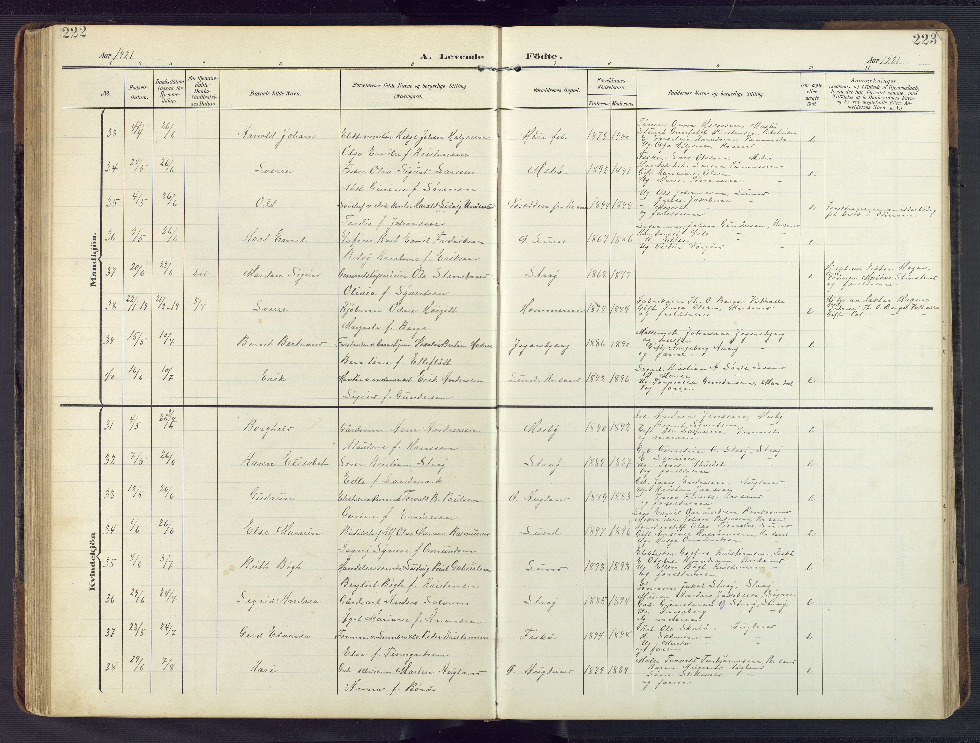 Oddernes sokneprestkontor, AV/SAK-1111-0033/F/Fb/Fba/L0010: Parish register (copy) no. B 10, 1907-1941, p. 222-223