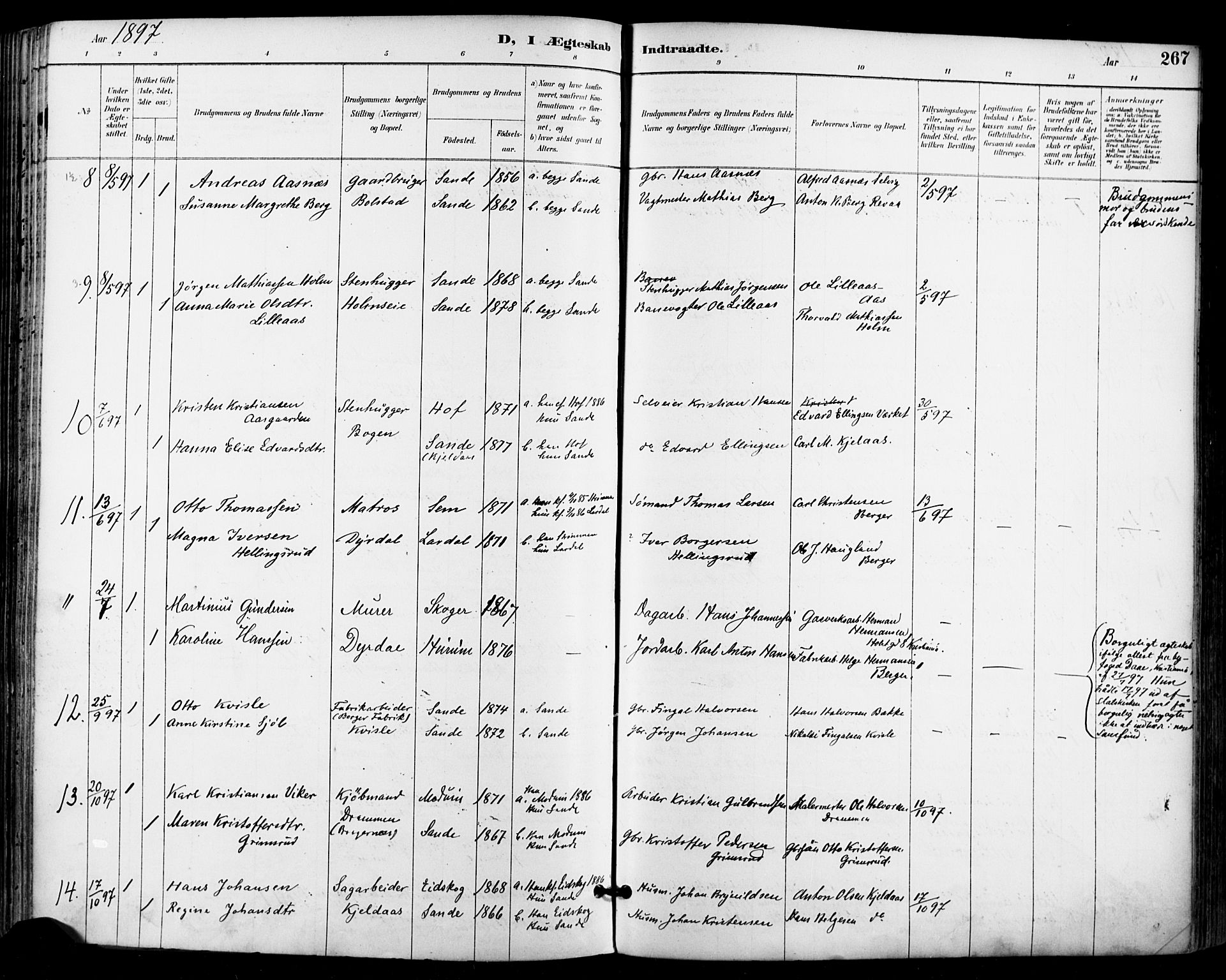 Sande Kirkebøker, AV/SAKO-A-53/F/Fa/L0007: Parish register (official) no. 7, 1888-1903, p. 267