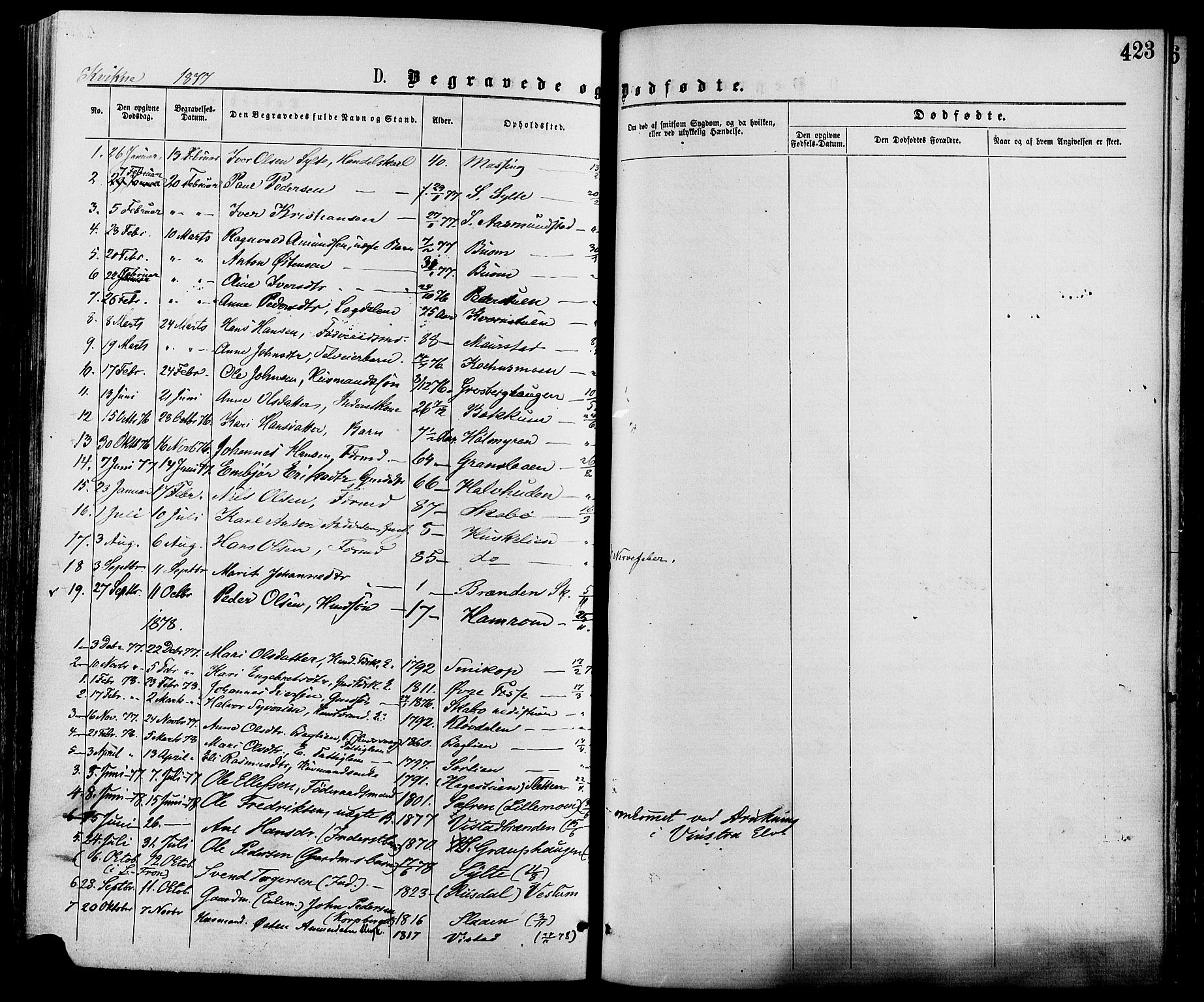 Nord-Fron prestekontor, SAH/PREST-080/H/Ha/Haa/L0002: Parish register (official) no. 2, 1865-1883, p. 423