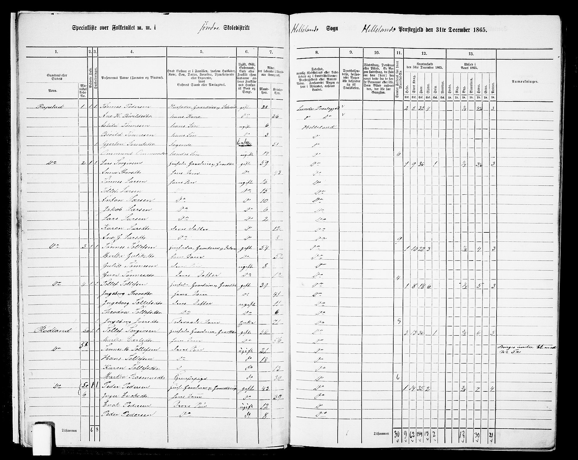 RA, 1865 census for Helleland, 1865, p. 13