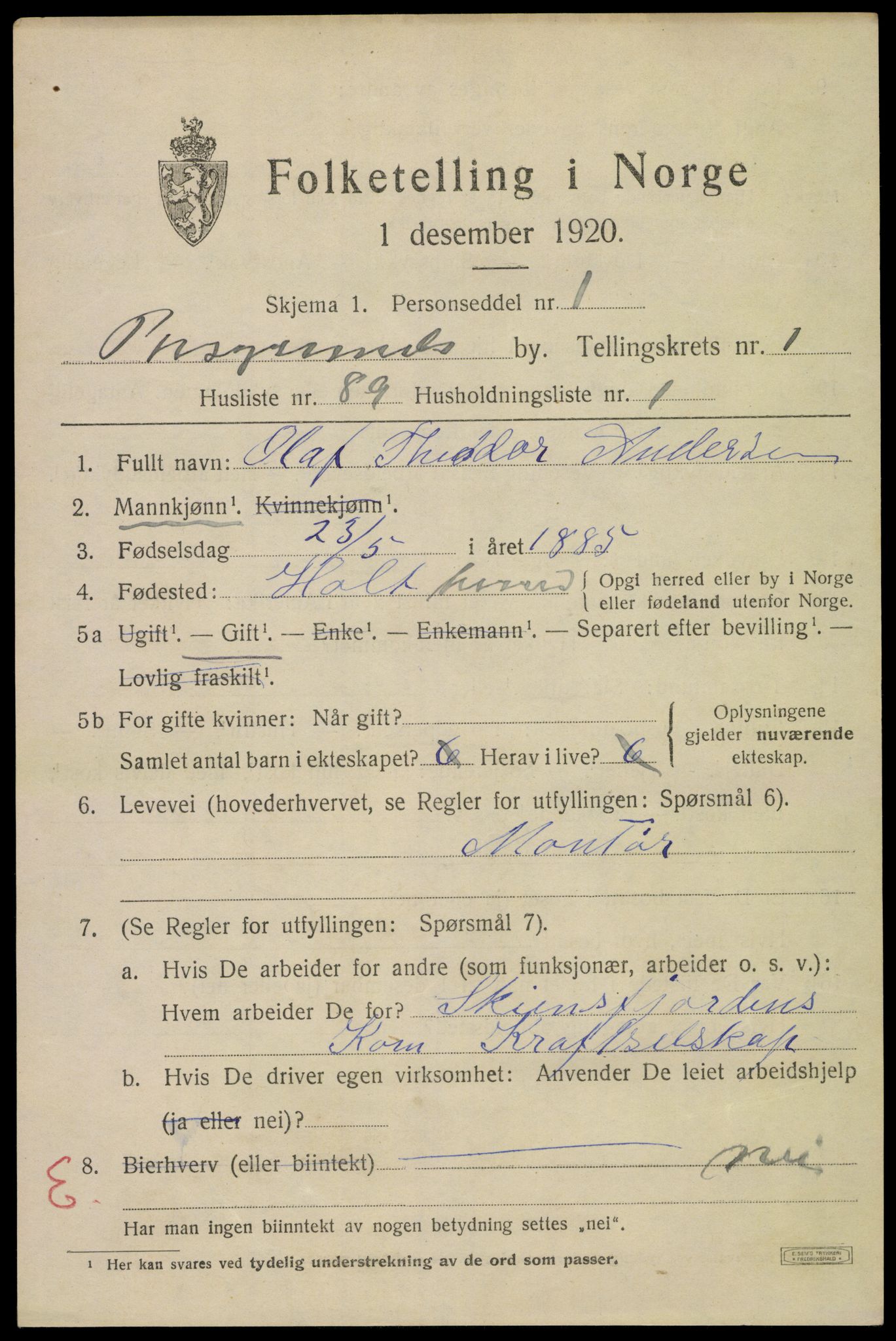 SAKO, 1920 census for Porsgrunn, 1920, p. 8219