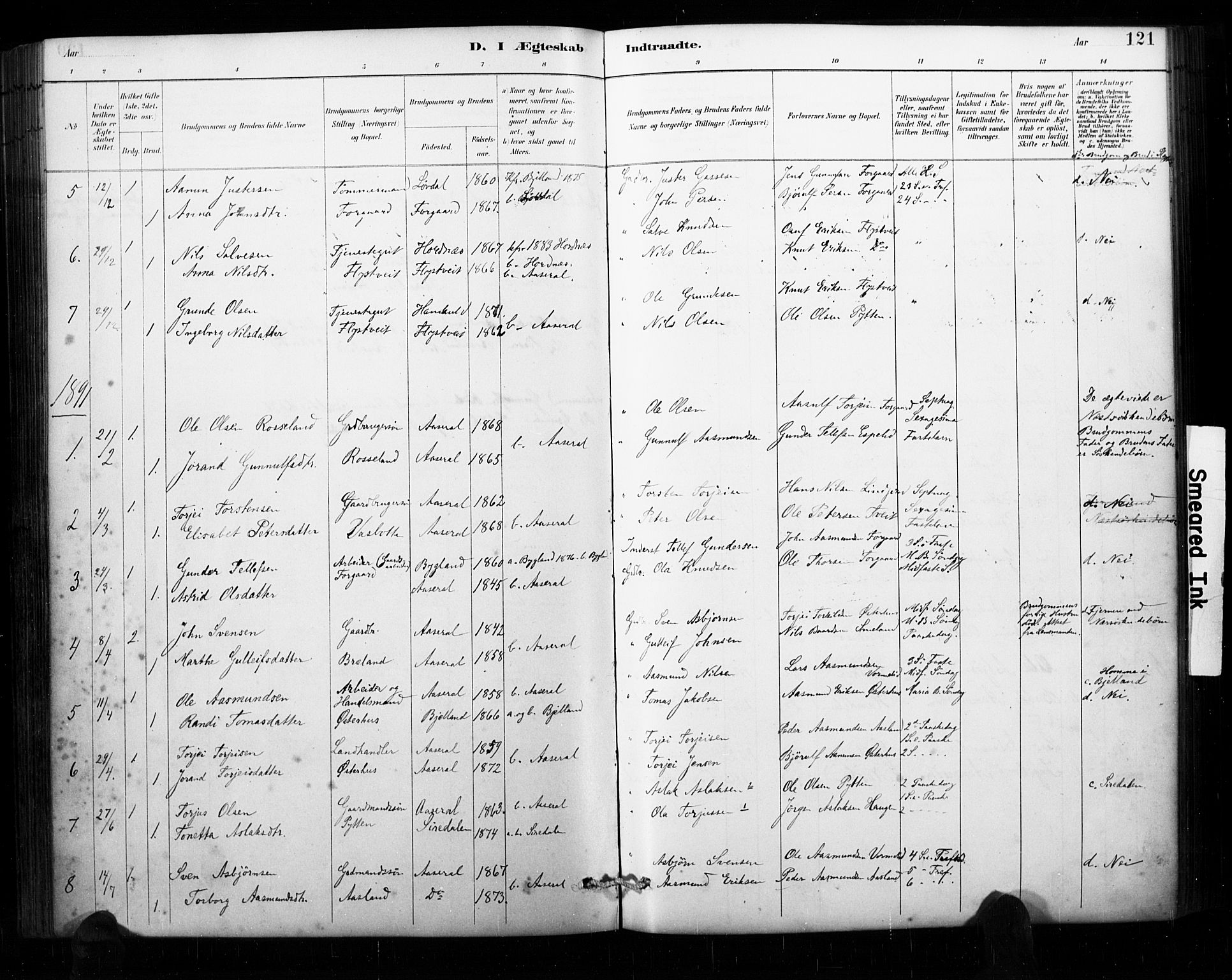 Åseral sokneprestkontor, AV/SAK-1111-0051/F/Fa/L0003: Parish register (official) no. A 3, 1884-1901, p. 121