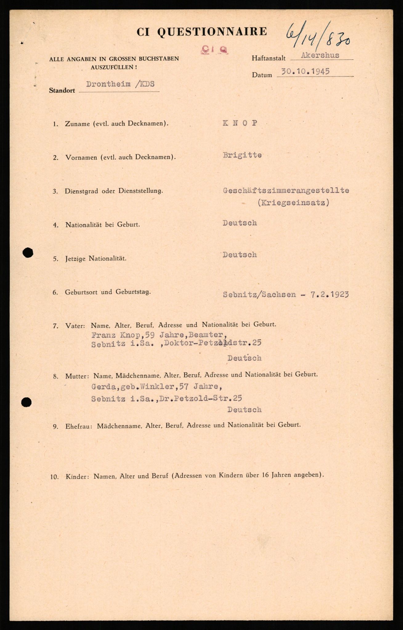 Forsvaret, Forsvarets overkommando II, RA/RAFA-3915/D/Db/L0017: CI Questionaires. Tyske okkupasjonsstyrker i Norge. Tyskere., 1945-1946, p. 154