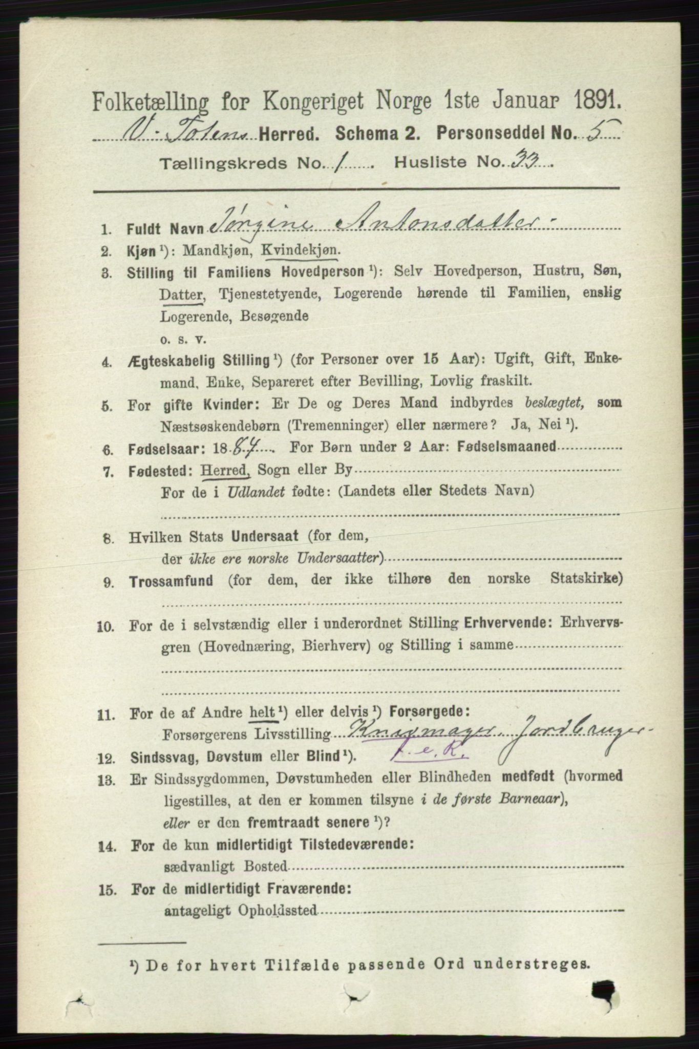 RA, 1891 census for 0529 Vestre Toten, 1891, p. 399