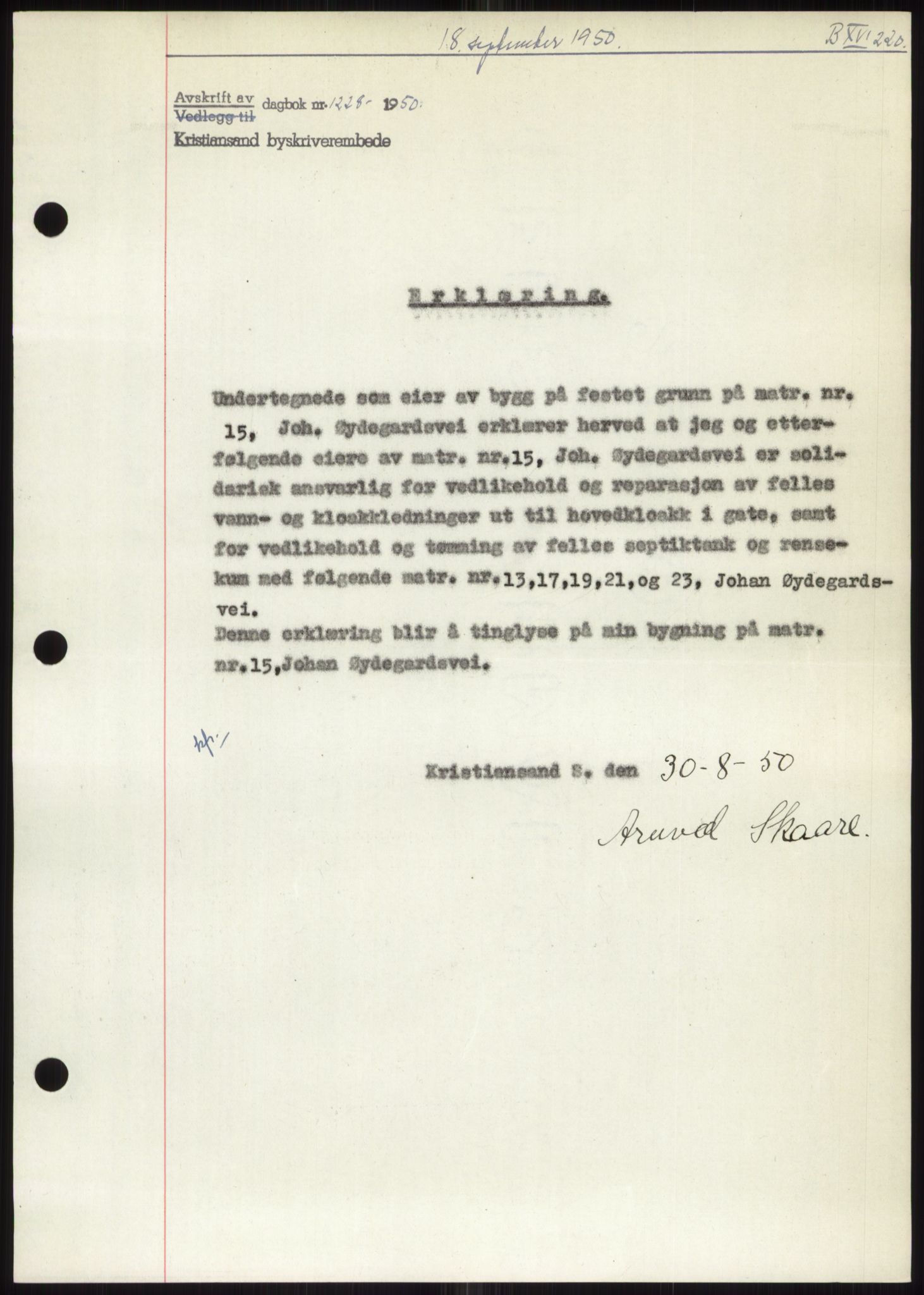 Kristiansand byrett, AV/SAK-1223-0001/G/Gb/Gbb/L0013: Mortgage book no. B 16, 1950-1950, Diary no: : 1228/1950