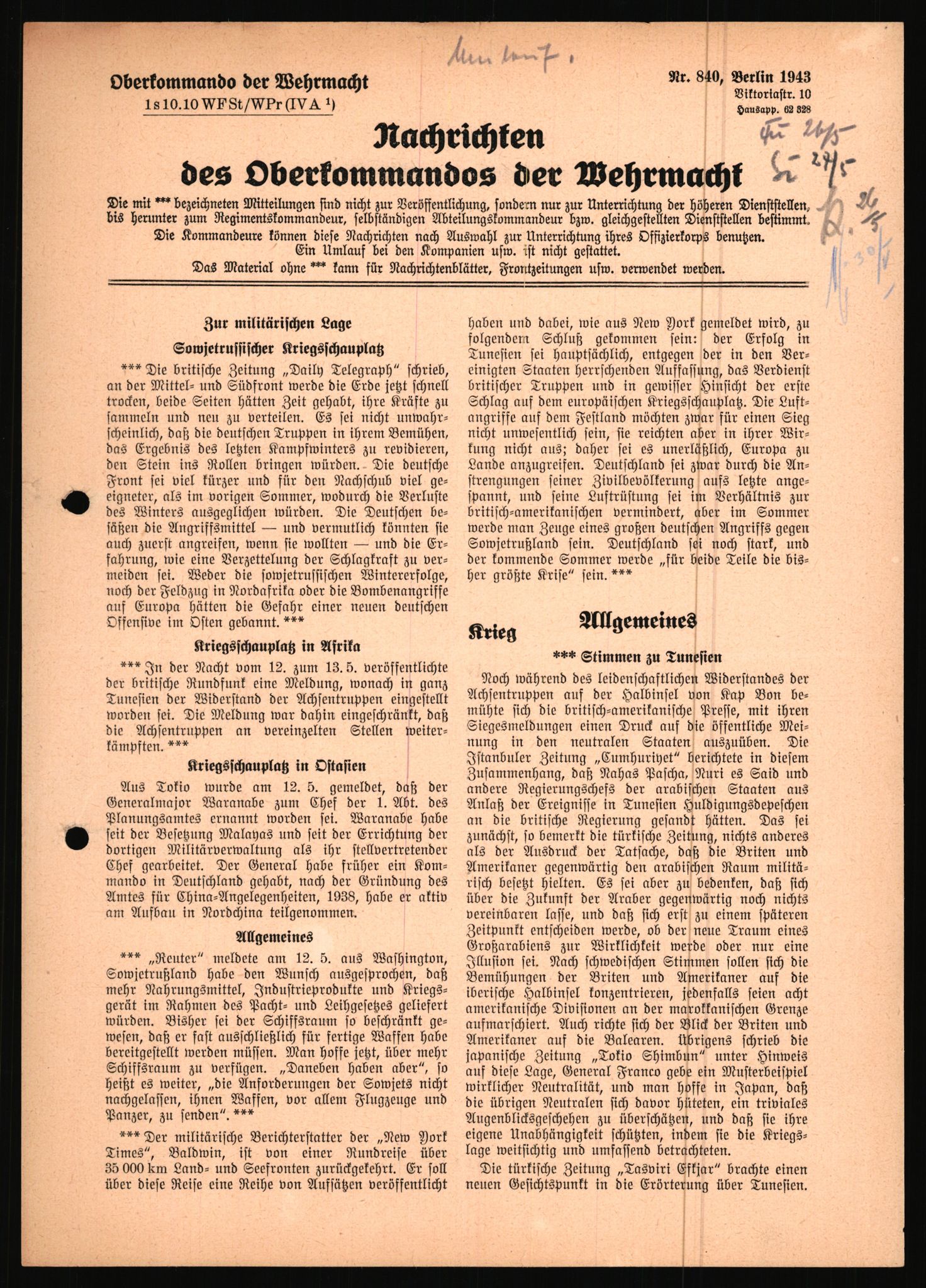 Forsvarets Overkommando. 2 kontor. Arkiv 11.4. Spredte tyske arkivsaker, AV/RA-RAFA-7031/D/Dar/Dara/L0021: Nachrichten des OKW, 1943-1945, p. 140