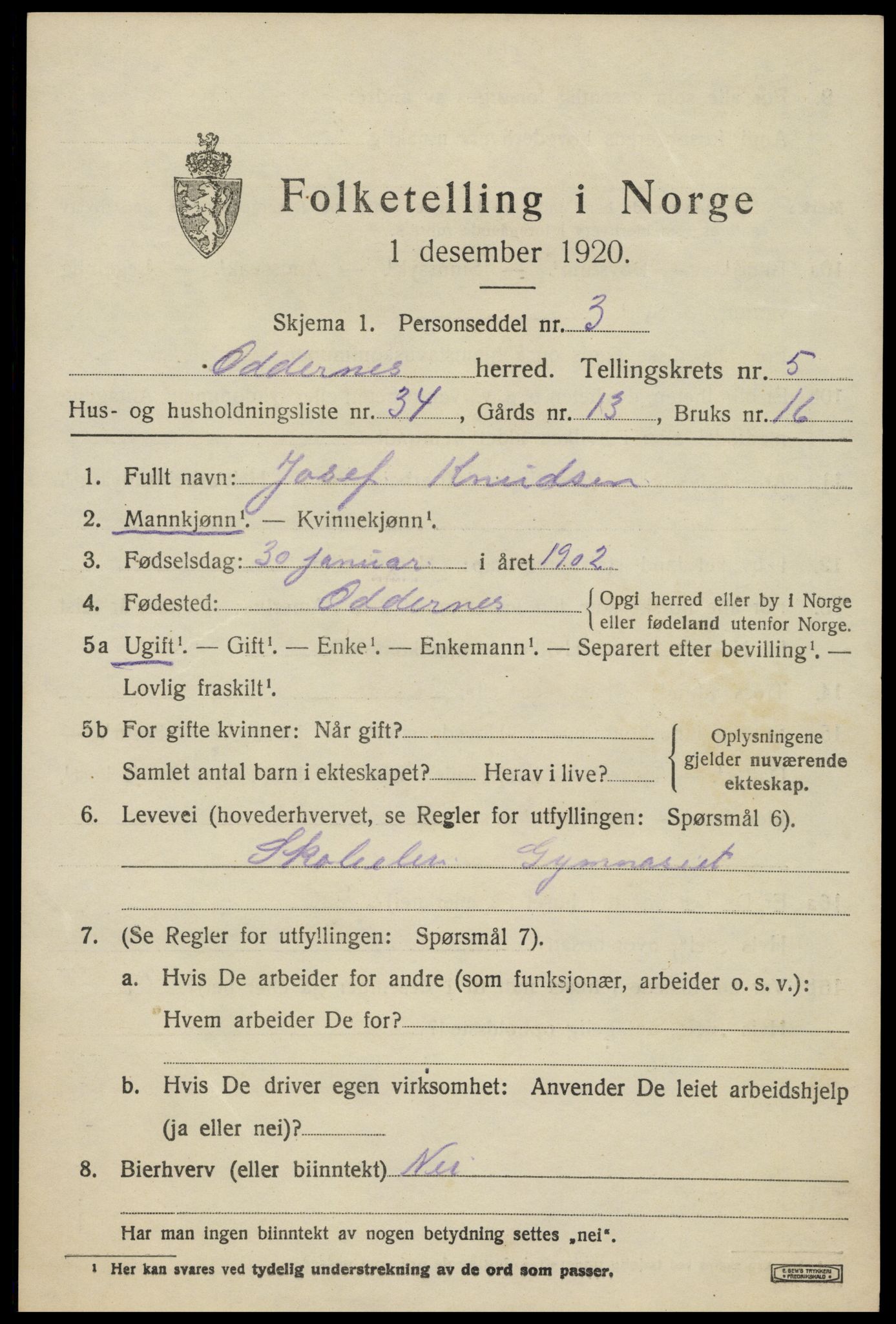 SAK, 1920 census for Oddernes, 1920, p. 4667