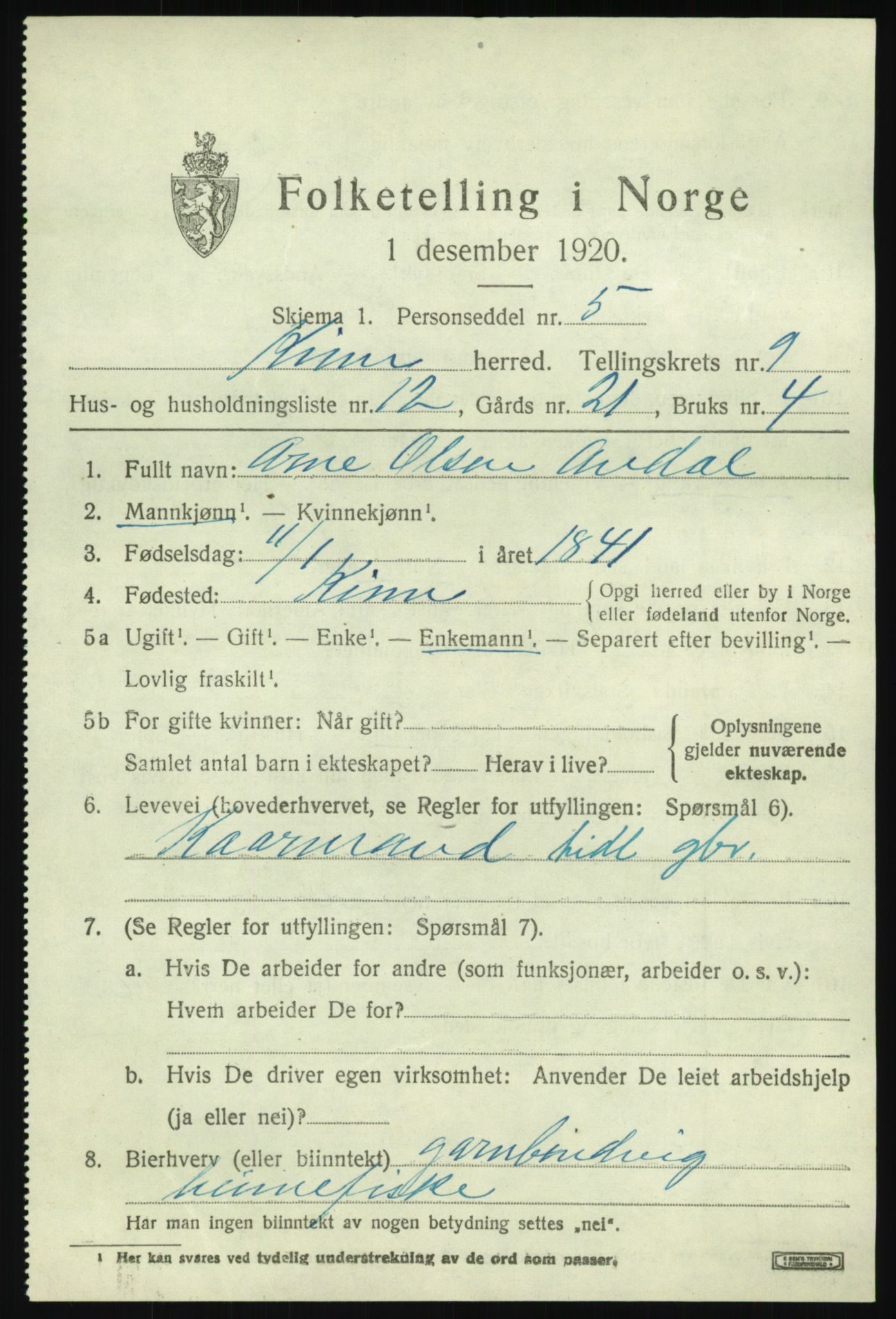 SAB, 1920 census for Kinn, 1920, p. 3435