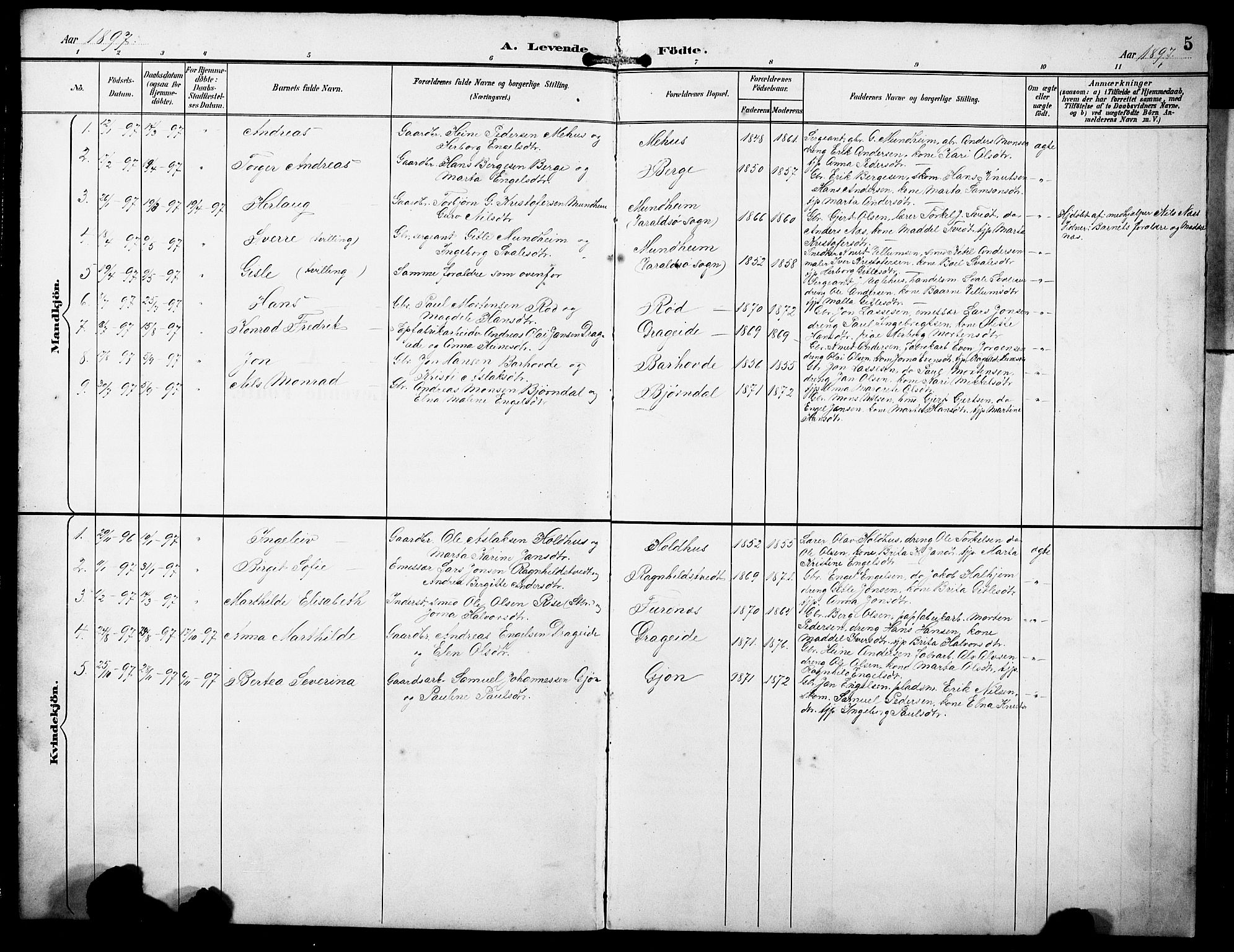 Fusa sokneprestembete, SAB/A-75401/H/Hab: Parish register (copy) no. B 2, 1897-1930, p. 5