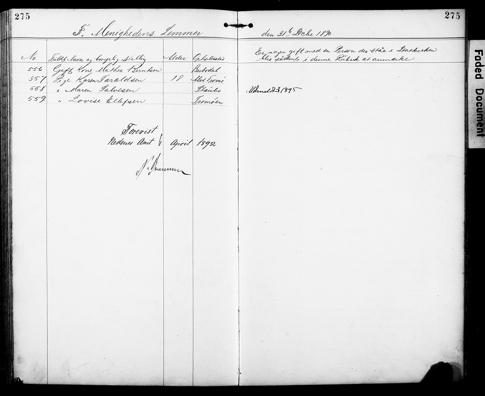 Den evangelisk-lutherske frimenighet, Arendal, AV/SAK-1292-0005/F/Fa/L0002: Dissenter register no. F 6, 1884-1908, p. 275