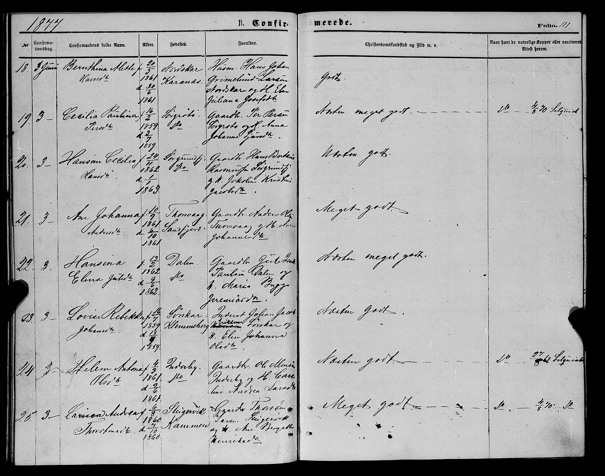 Karlsøy sokneprestembete, AV/SATØ-S-1299/H/Ha/Haa/L0005kirke: Parish register (official) no. 5, 1872-1878, p. 111