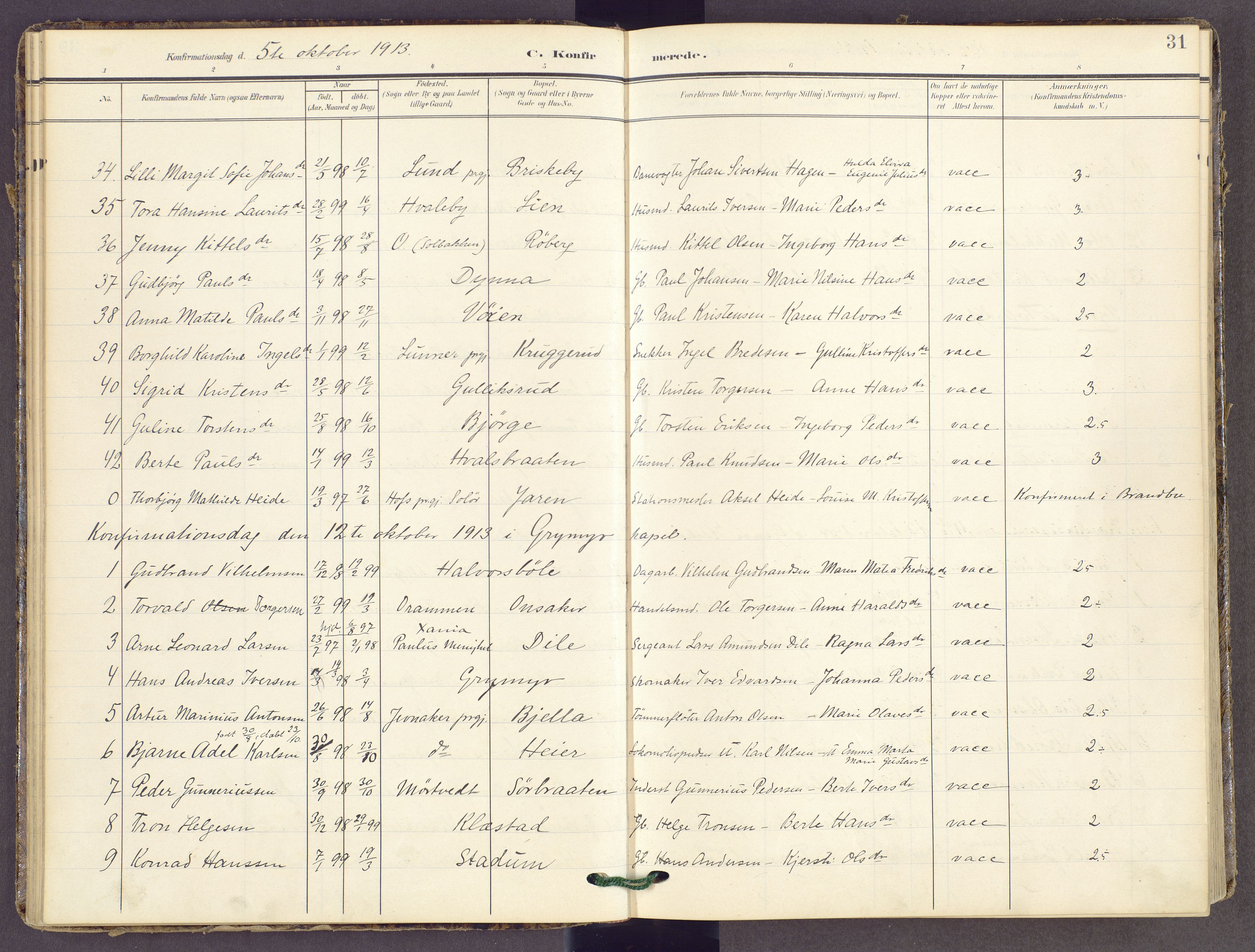 Gran prestekontor, SAH/PREST-112/H/Ha/Haa/L0022: Parish register (official) no. 22, 1908-1918, p. 31