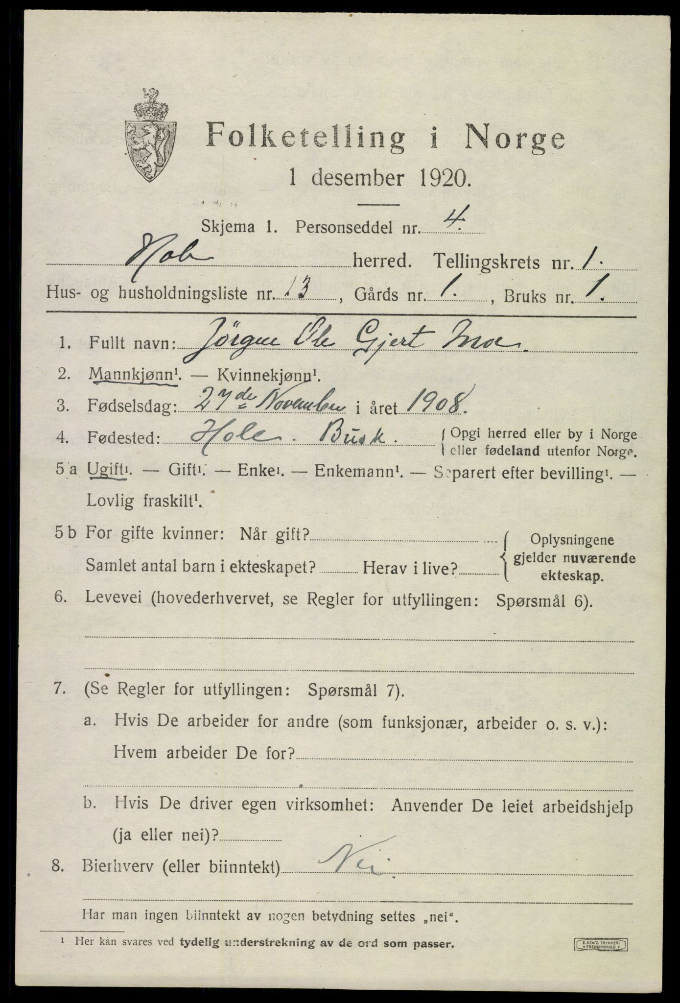 SAKO, 1920 census for Hole, 1920, p. 1071