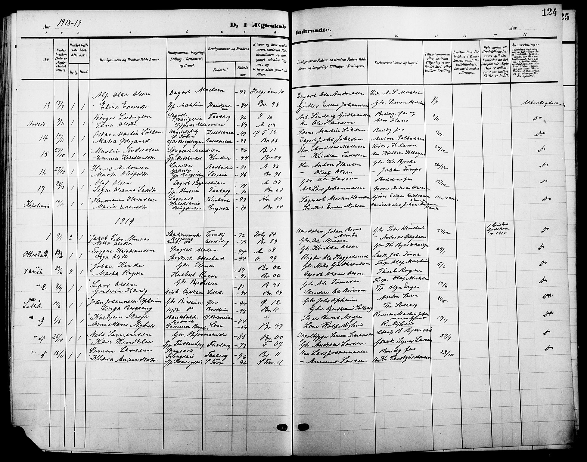 Ringsaker prestekontor, SAH/PREST-014/L/La/L0016: Parish register (copy) no. 16, 1905-1920, p. 124