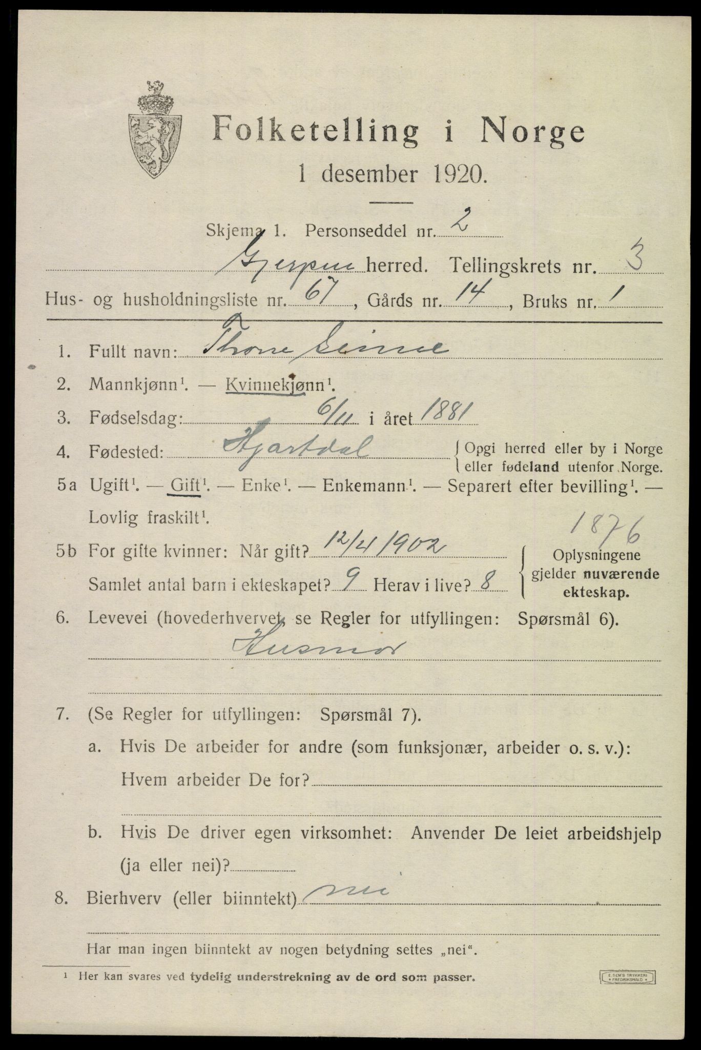 SAKO, 1920 census for Gjerpen, 1920, p. 6092