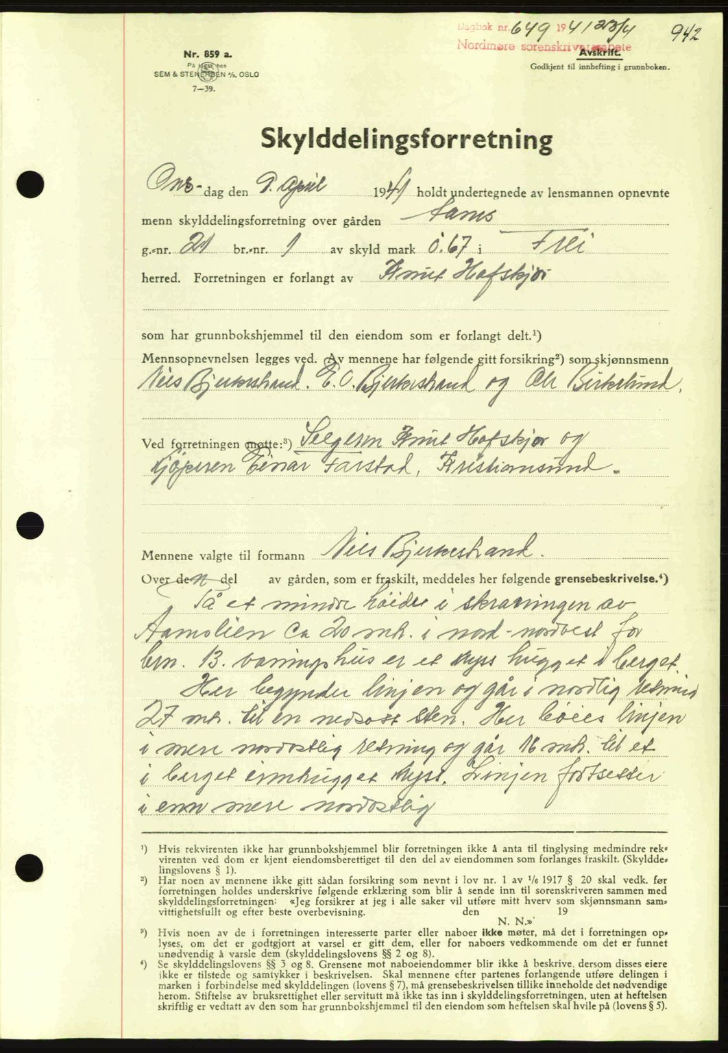 Nordmøre sorenskriveri, SAT/A-4132/1/2/2Ca: Mortgage book no. A89, 1940-1941, Diary no: : 649/1941