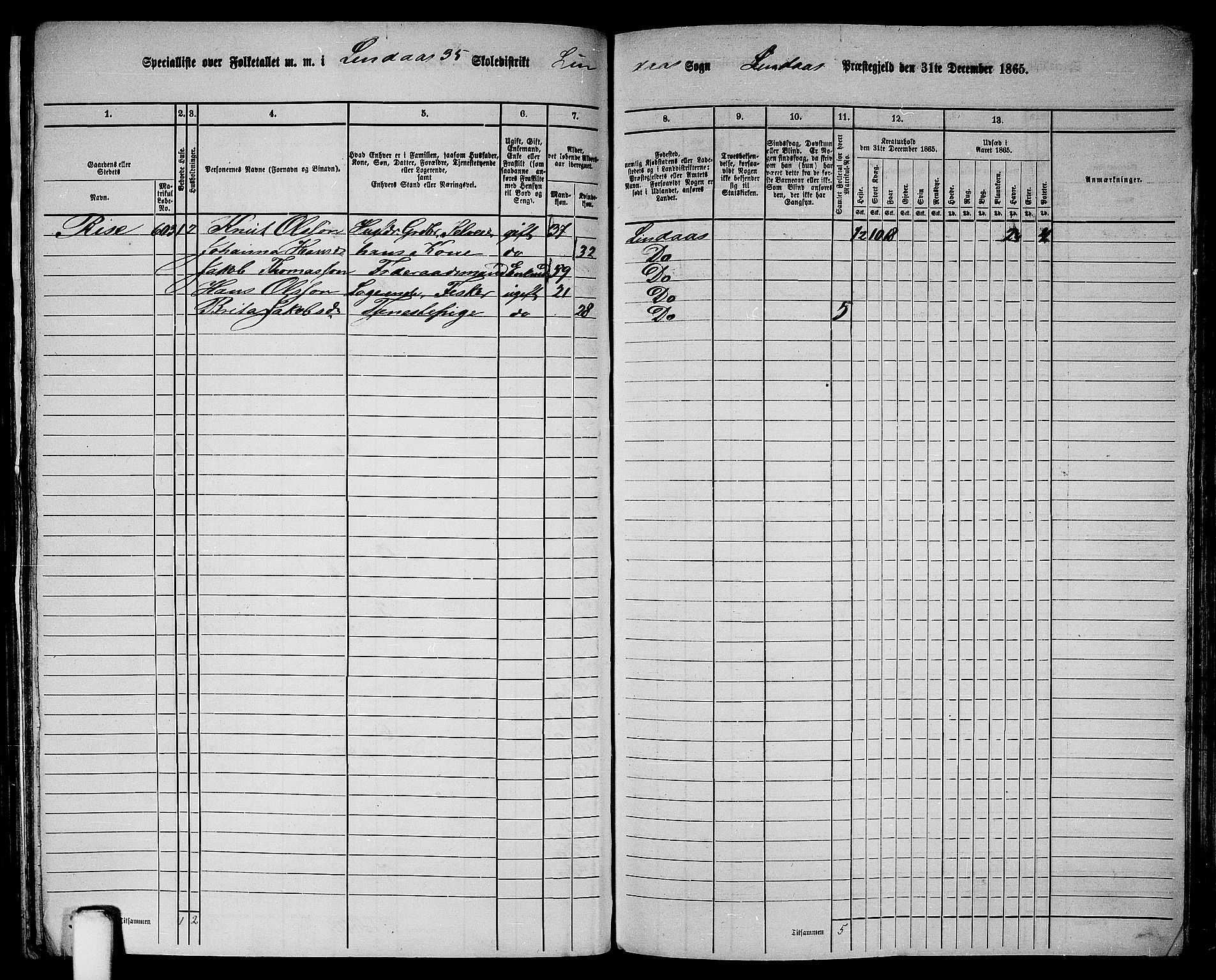 RA, 1865 census for Lindås, 1865, p. 226