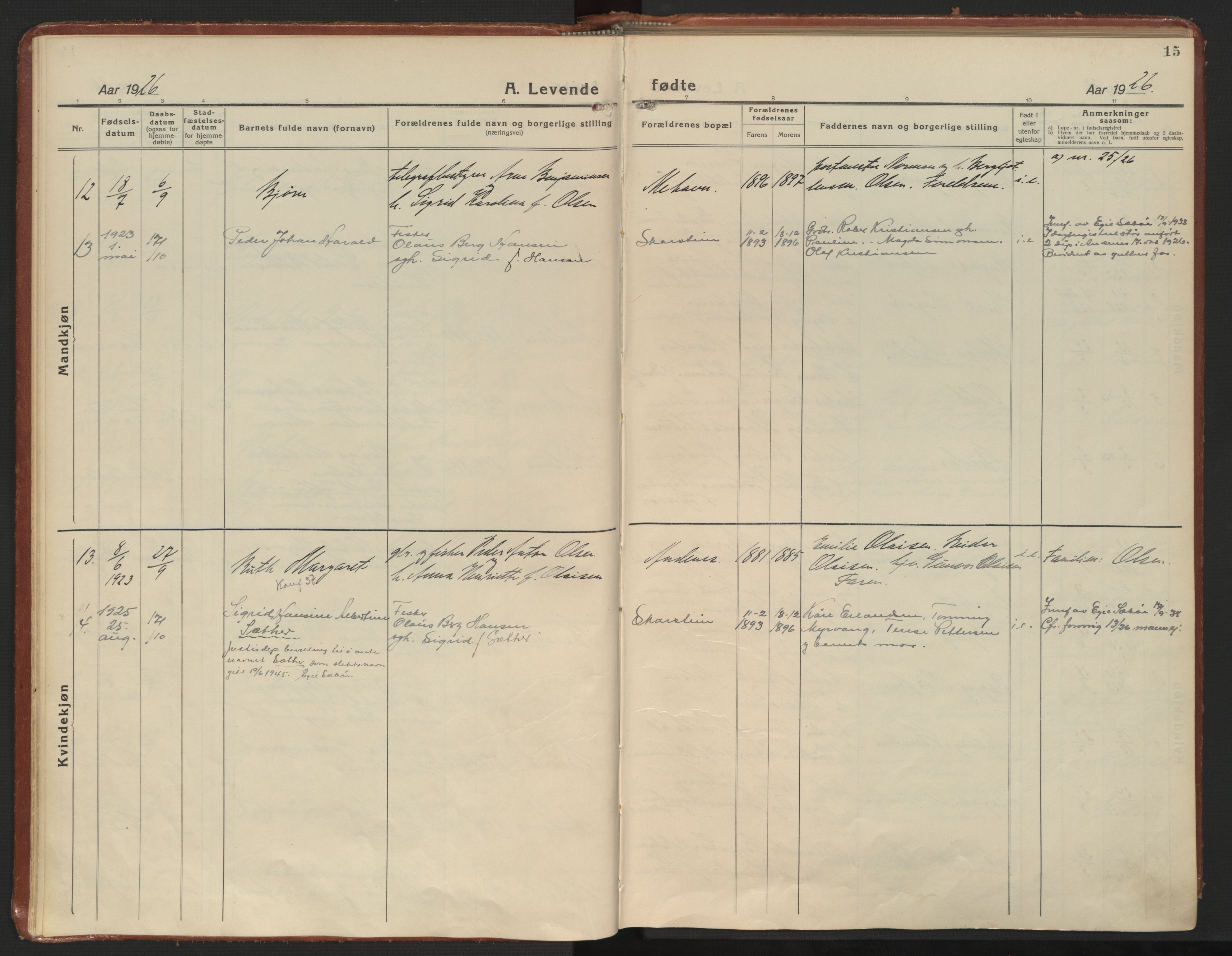 Ministerialprotokoller, klokkerbøker og fødselsregistre - Nordland, AV/SAT-A-1459/899/L1441: Parish register (official) no. 899A09, 1923-1939, p. 15