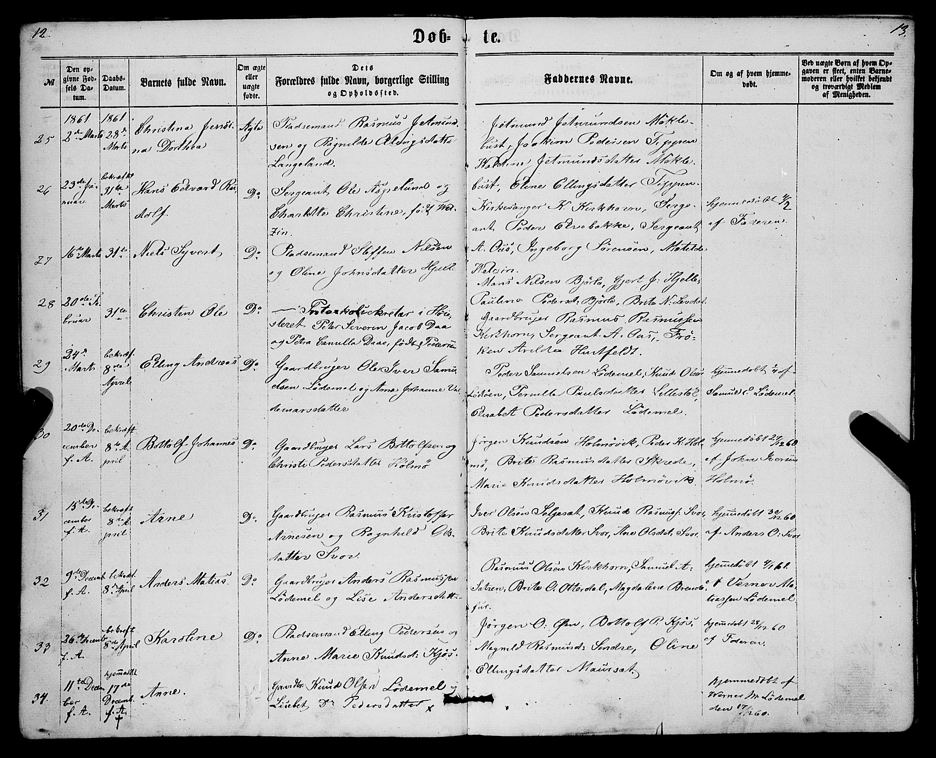 Eid sokneprestembete, AV/SAB-A-82301/H/Haa/Haaa/L0009: Parish register (official) no. A 9, 1861-1868, p. 12-13