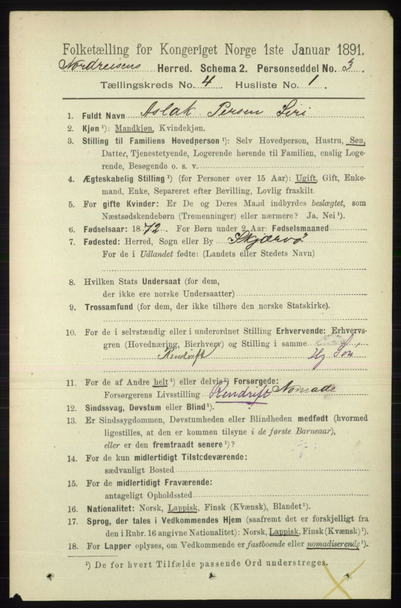 RA, 1891 census for 1942 Nordreisa, 1891, p. 1533