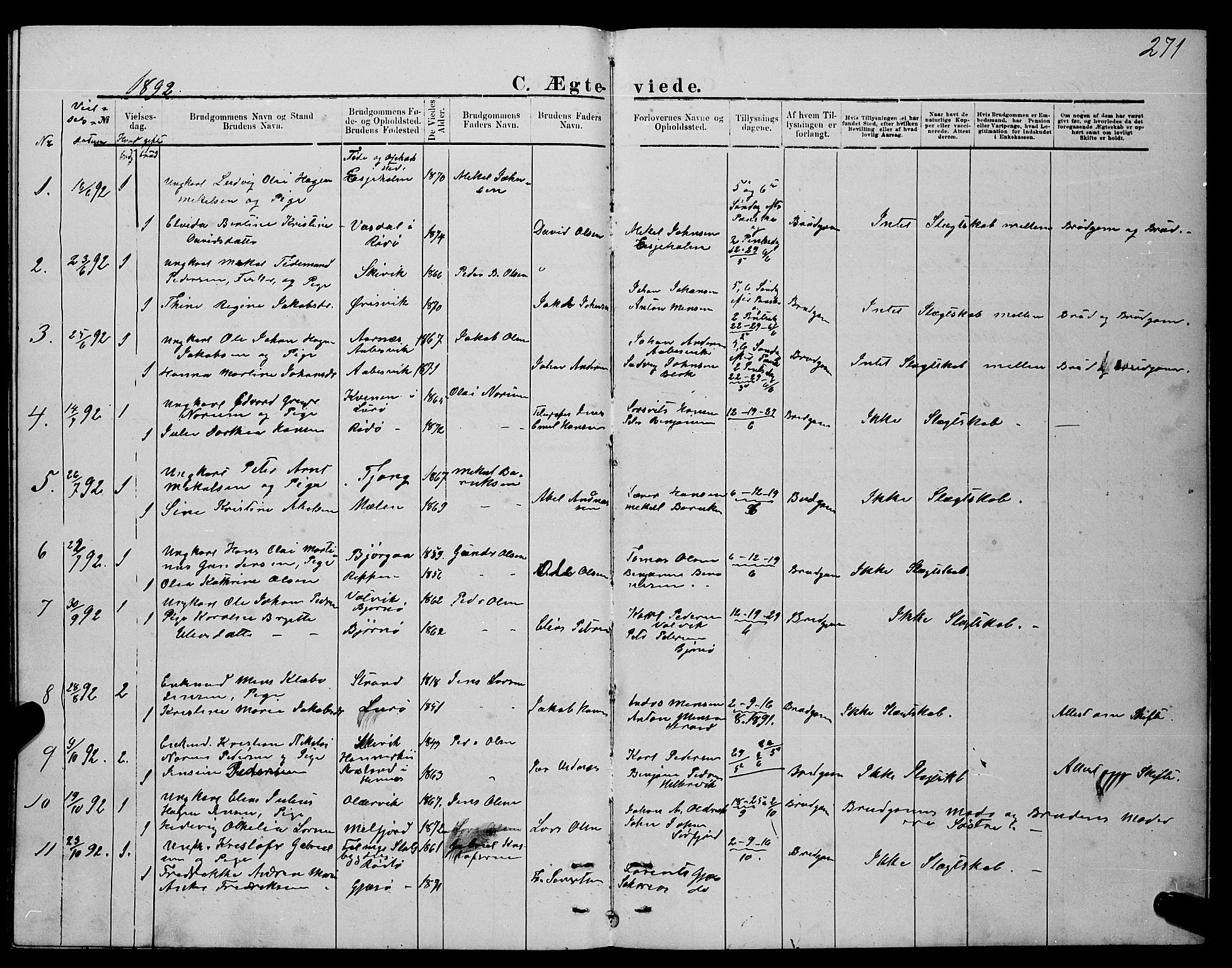 Ministerialprotokoller, klokkerbøker og fødselsregistre - Nordland, SAT/A-1459/841/L0620: Parish register (copy) no. 841C04, 1877-1896, p. 271