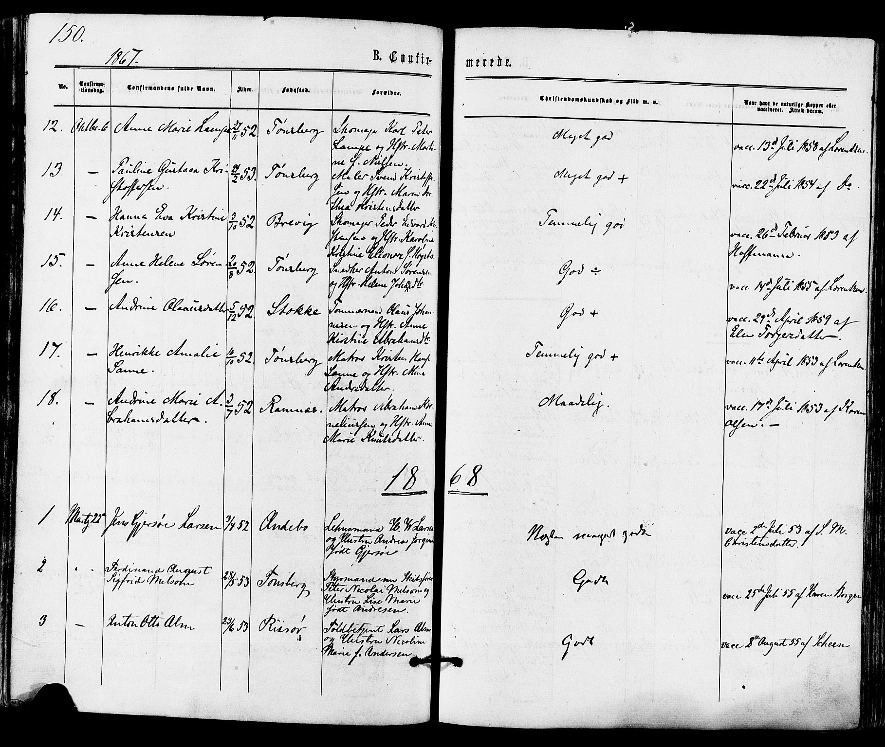 Tønsberg kirkebøker, SAKO/A-330/F/Fa/L0009: Parish register (official) no. I 9, 1865-1873, p. 150