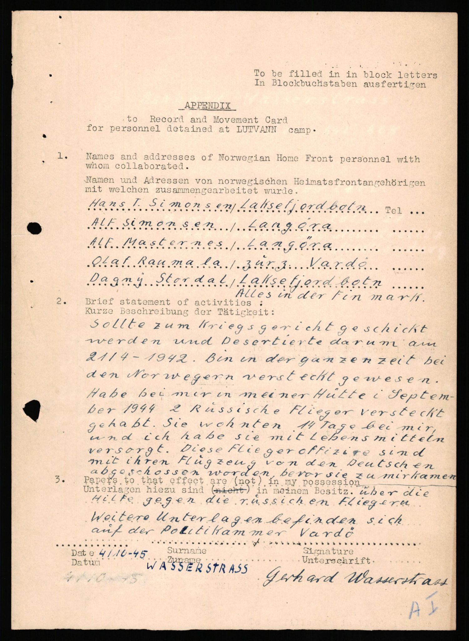 Forsvaret, Forsvarets overkommando II, RA/RAFA-3915/D/Db/L0034: CI Questionaires. Tyske okkupasjonsstyrker i Norge. Tyskere., 1945-1946, p. 485