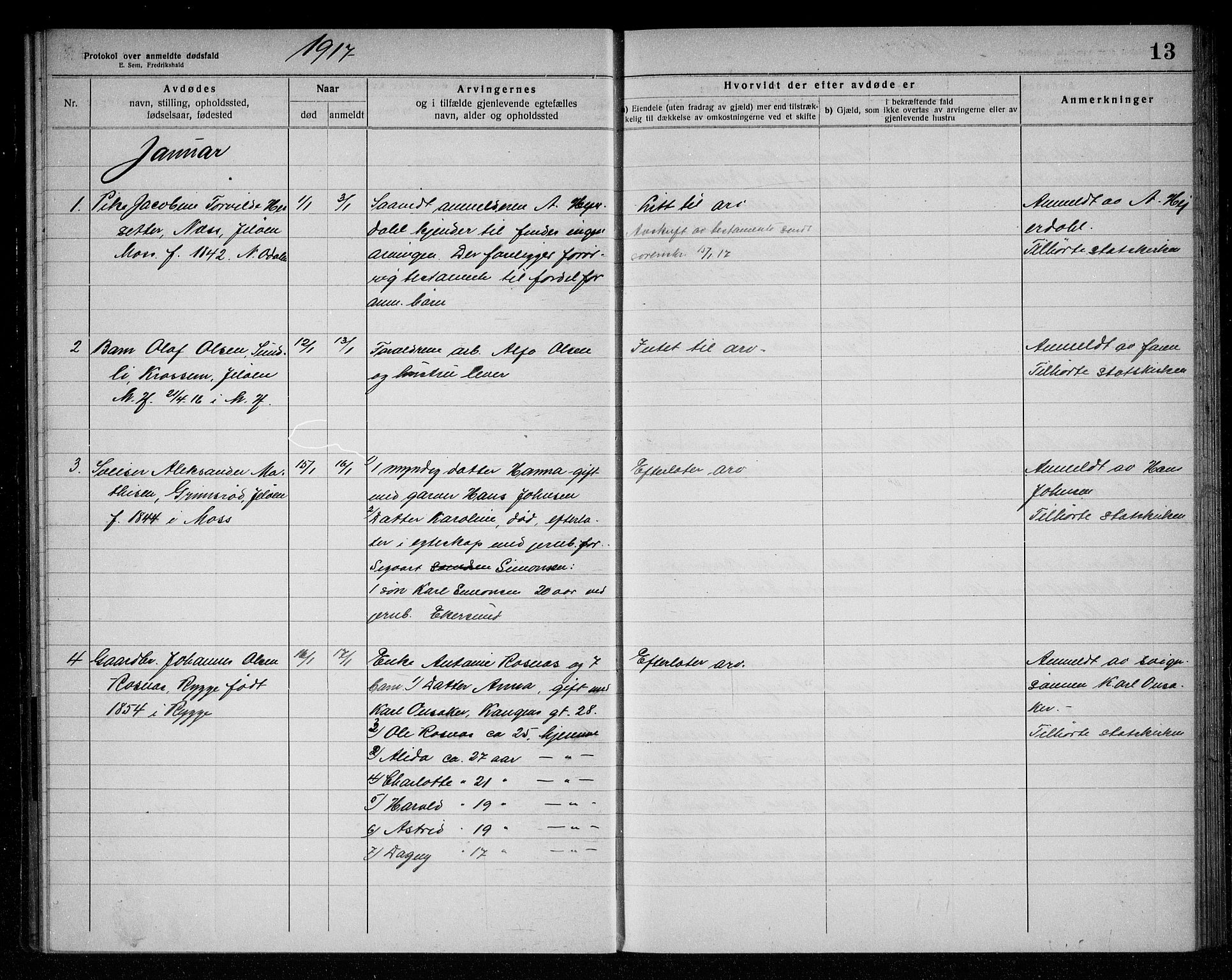 Rygge lensmannskontor, SAO/A-10005/H/Ha/Haa/L0006: Dødsfallsprotokoll, 1916-1920, p. 13
