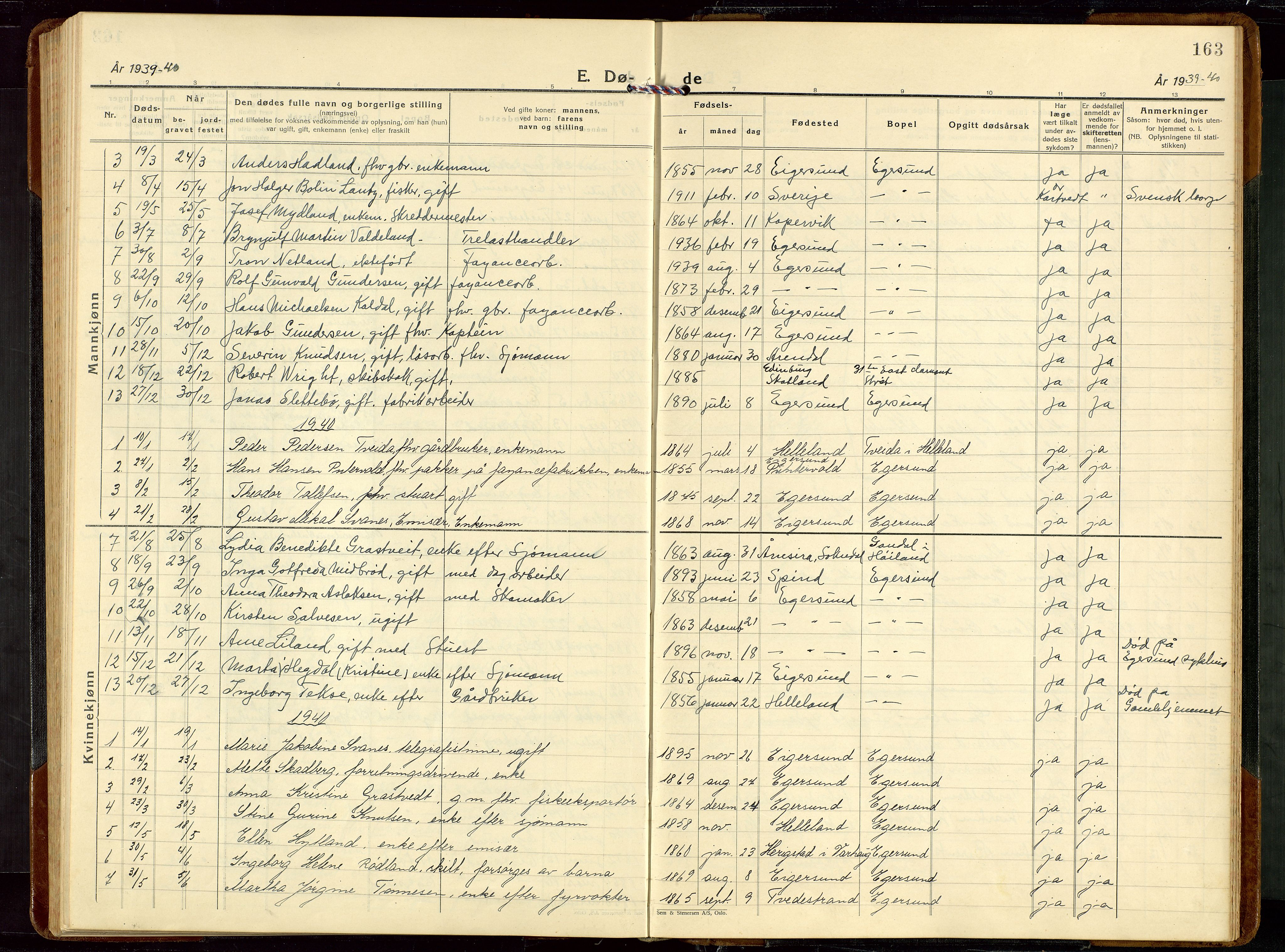 Eigersund sokneprestkontor, SAST/A-101807/S09/L0014: Parish register (copy) no. B 14, 1931-1949, p. 163