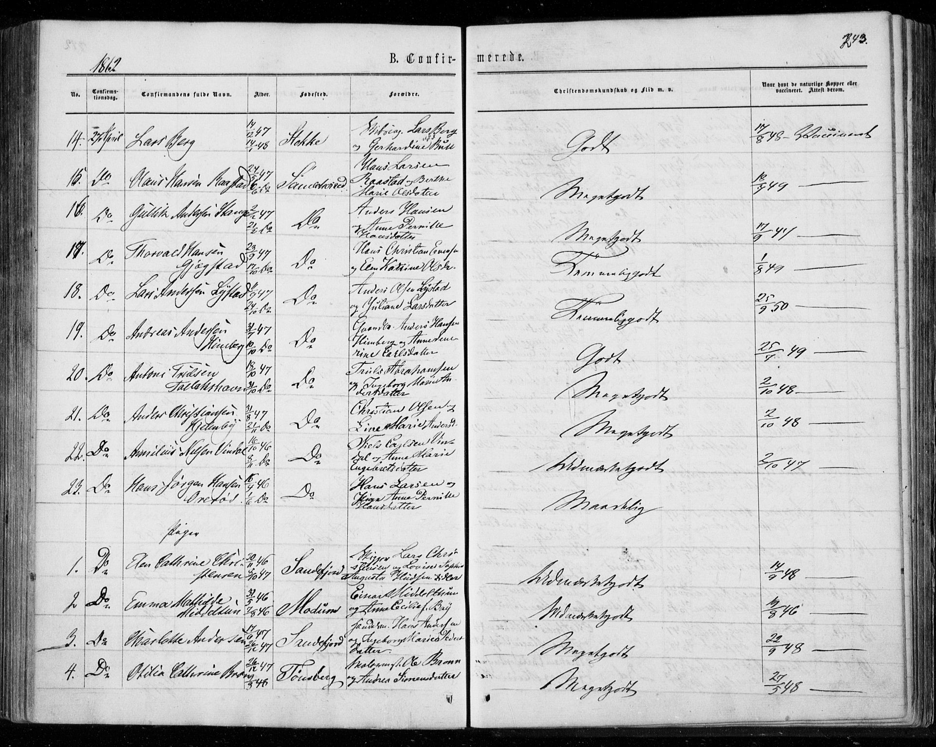 Sandar kirkebøker, AV/SAKO-A-243/F/Fa/L0008: Parish register (official) no. 8, 1862-1871, p. 243