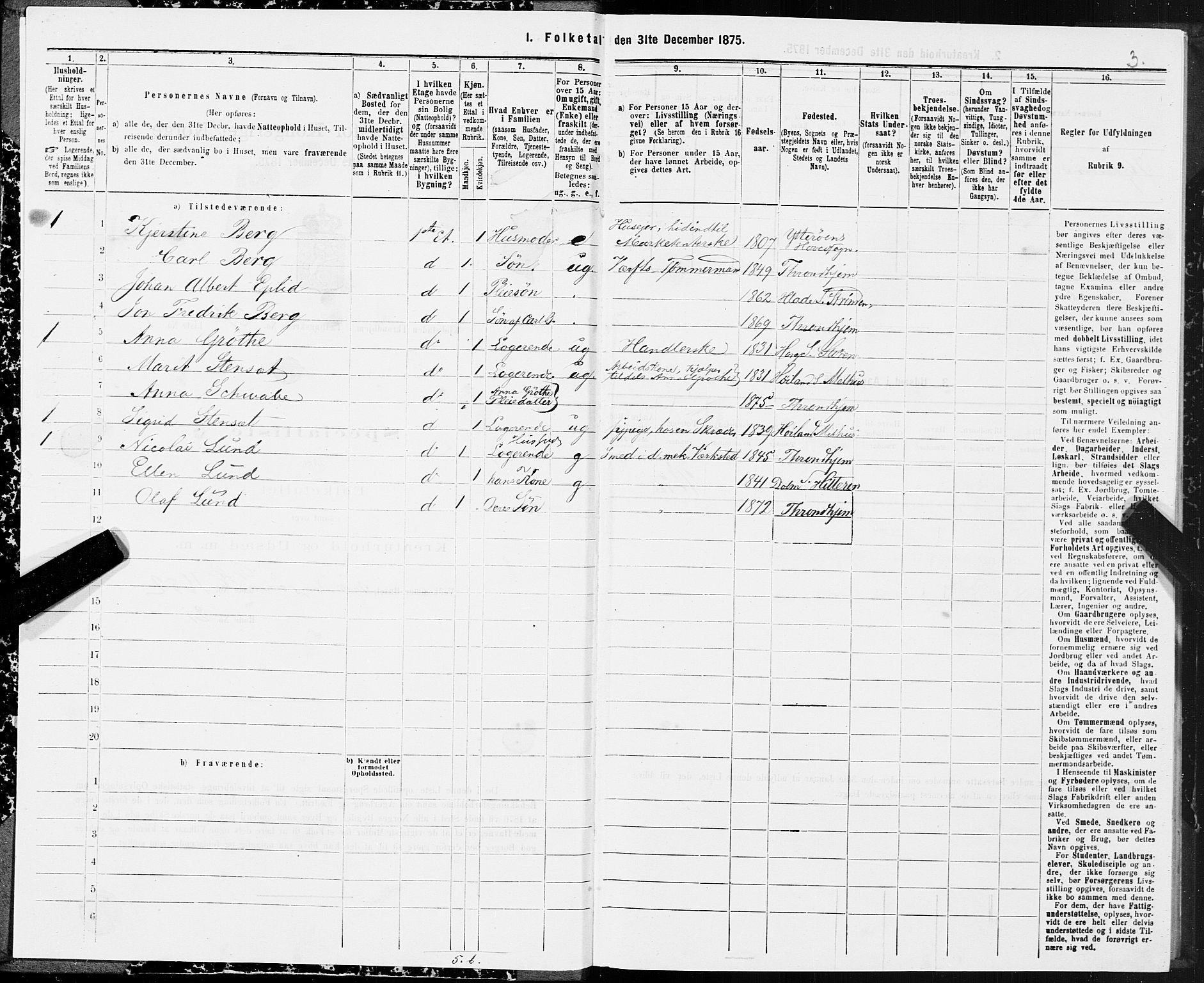 SAT, 1875 census for 1601 Trondheim, 1875, p. 11003