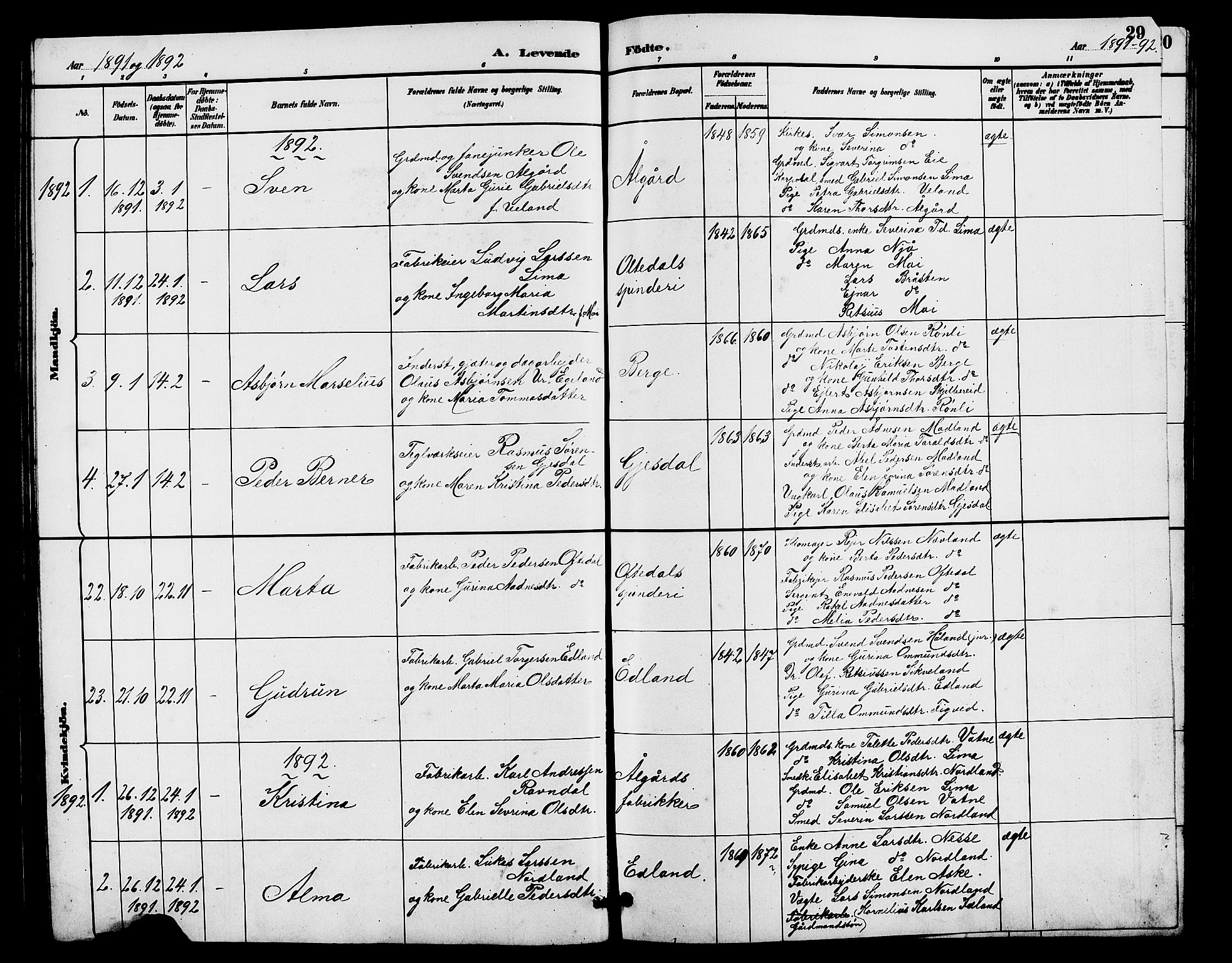 Lye sokneprestkontor, SAST/A-101794/001/30BB/L0008: Parish register (copy) no. B 7, 1887-1901, p. 29