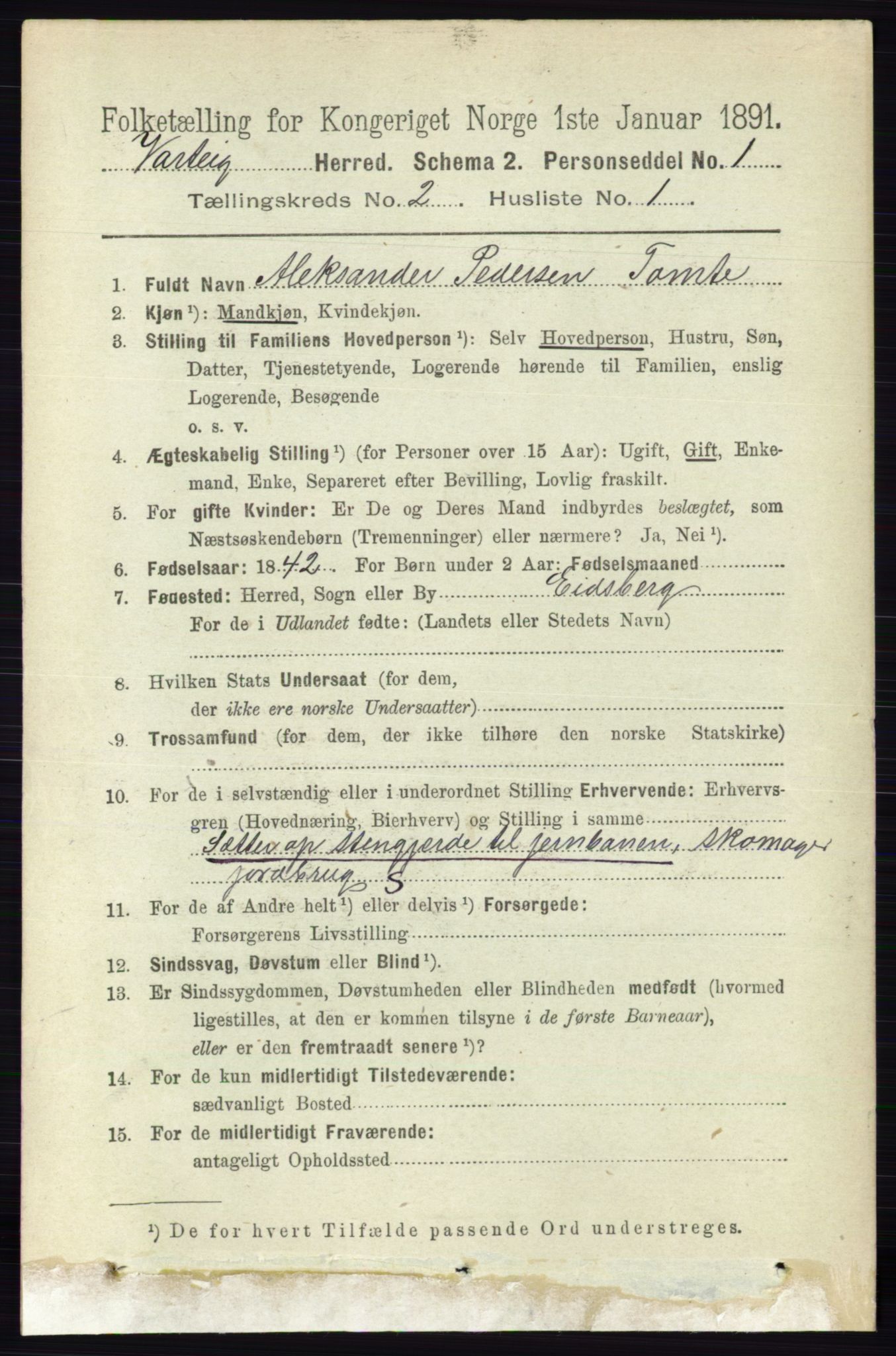 RA, 1891 census for 0114 Varteig, 1891, p. 581