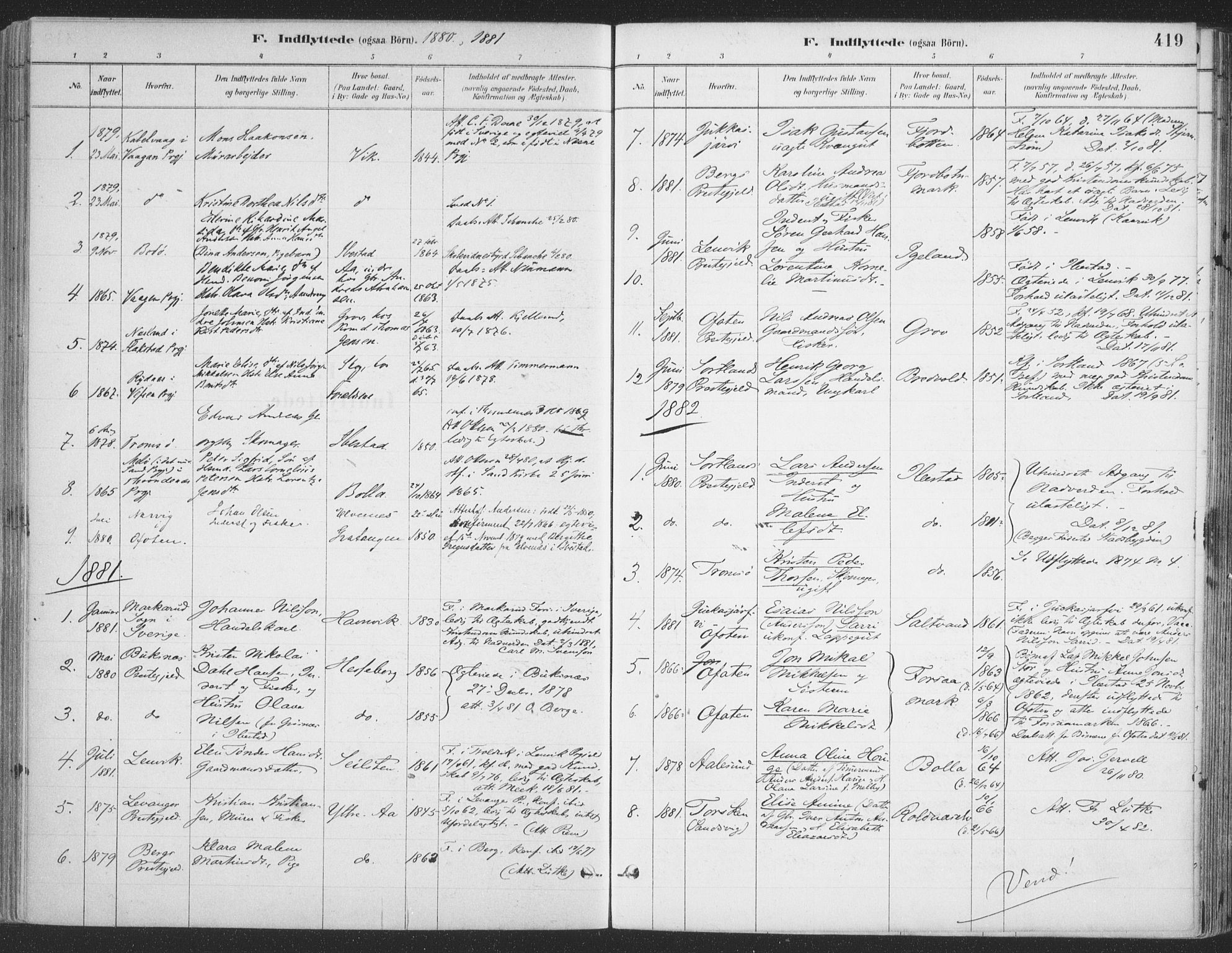 Ibestad sokneprestembete, SATØ/S-0077/H/Ha/Haa/L0011kirke: Parish register (official) no. 11, 1880-1889, p. 419