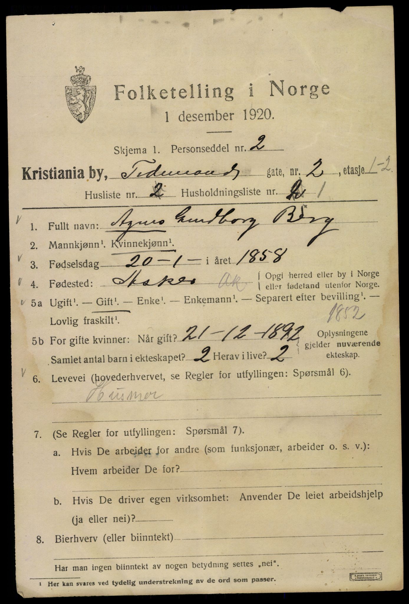 SAO, 1920 census for Kristiania, 1920, p. 581615