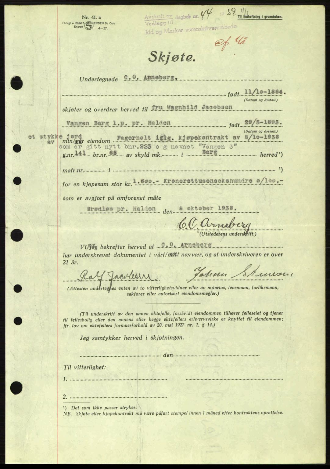 Idd og Marker sorenskriveri, AV/SAO-A-10283/G/Gb/Gbb/L0003: Mortgage book no. A3, 1938-1939, Diary no: : 44/1939