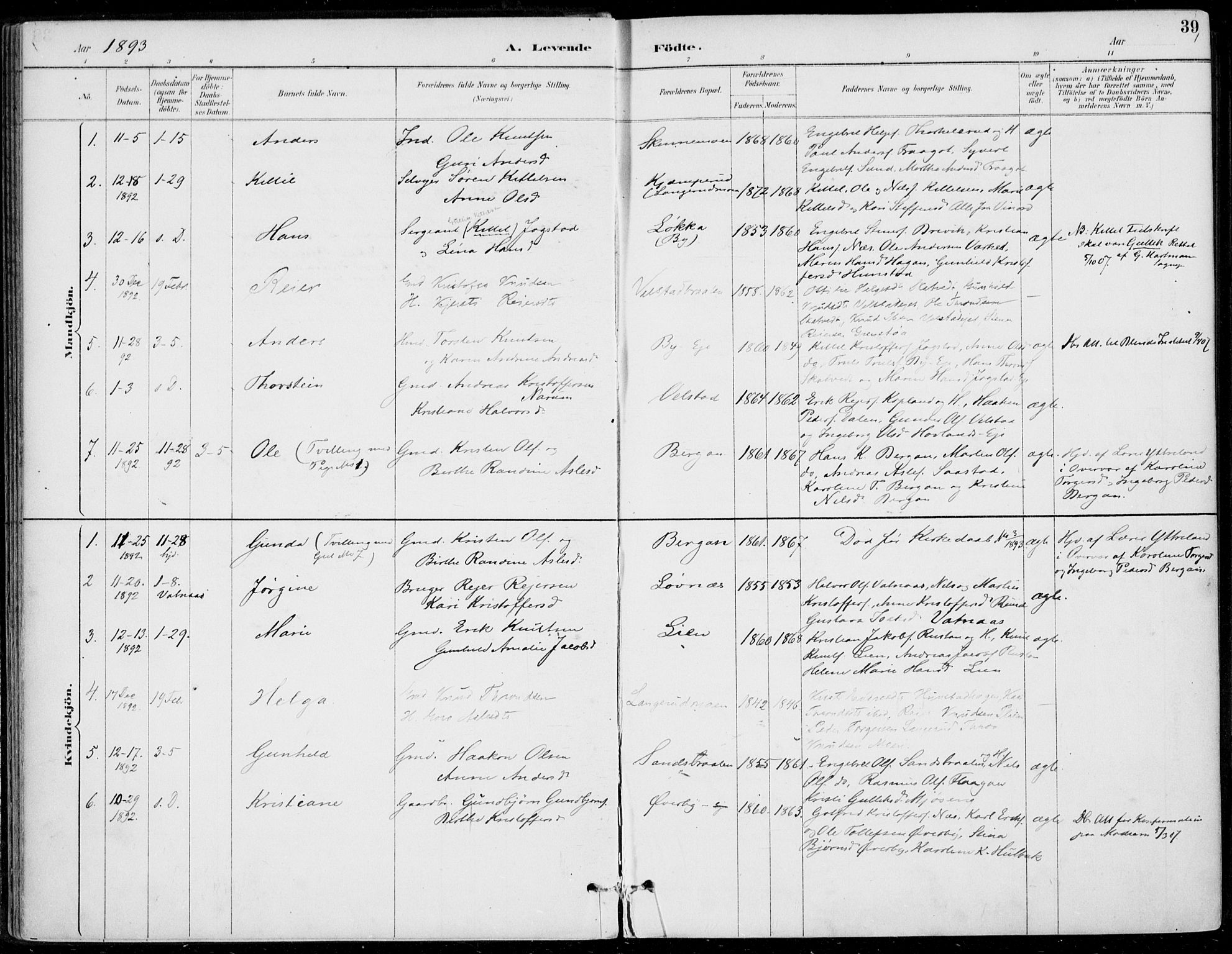 Sigdal kirkebøker, AV/SAKO-A-245/F/Fb/L0001: Parish register (official) no. II 1, 1888-1900, p. 39