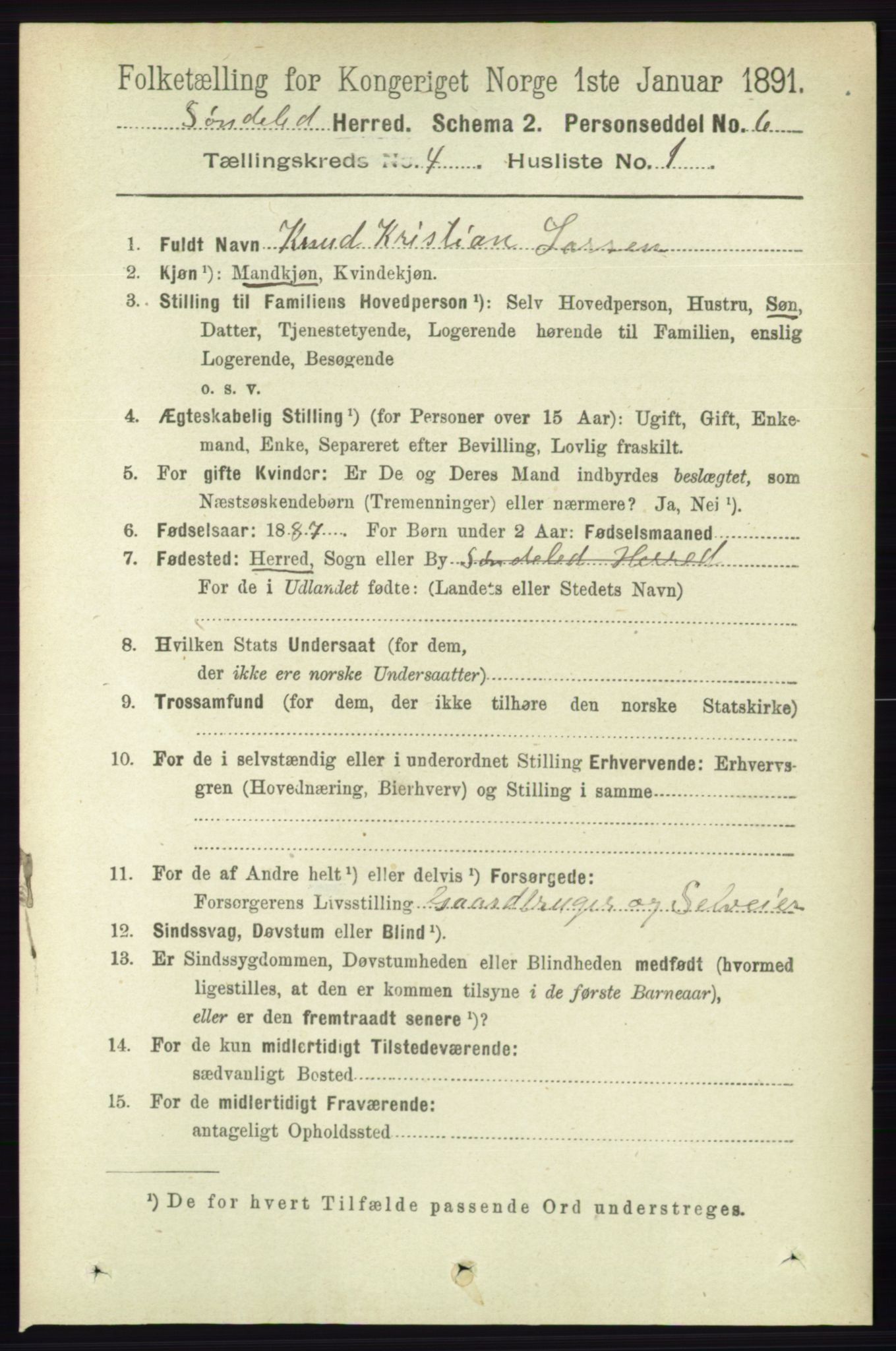 RA, 1891 census for 0913 Søndeled, 1891, p. 882