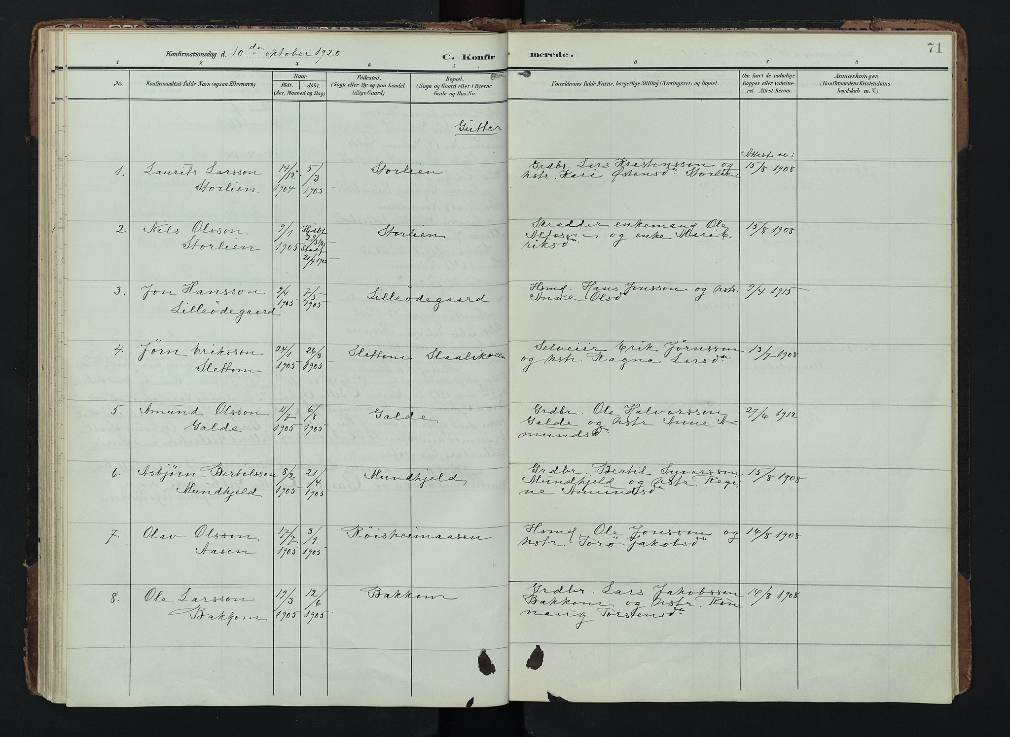 Lom prestekontor, AV/SAH-PREST-070/K/L0012: Parish register (official) no. 12, 1904-1928, p. 71