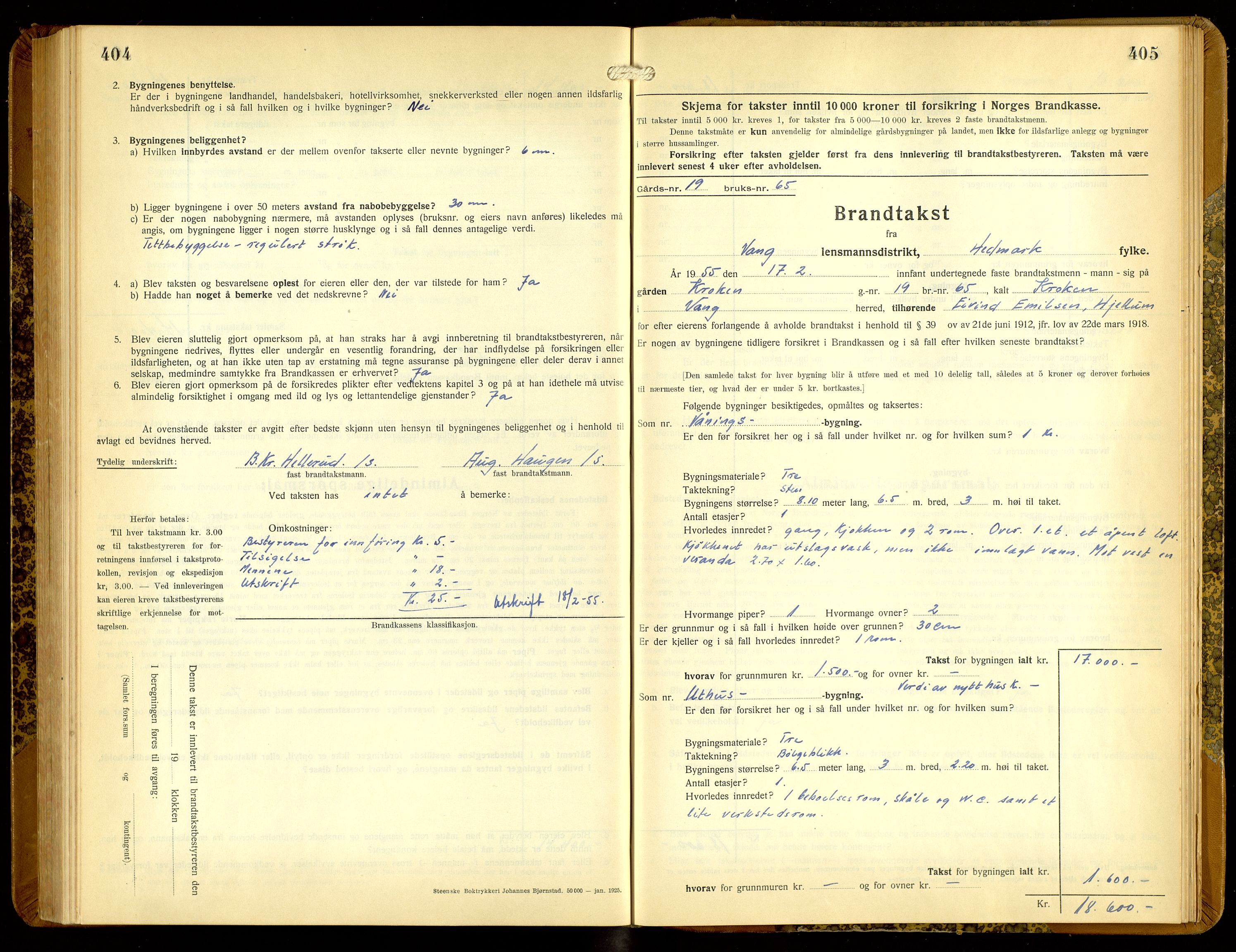 Norges Brannkasse, Vang, Hedmark, SAH/NBRANV-005/F/L0010: Branntakstprotokoll, 1934-1955, p. 404-405