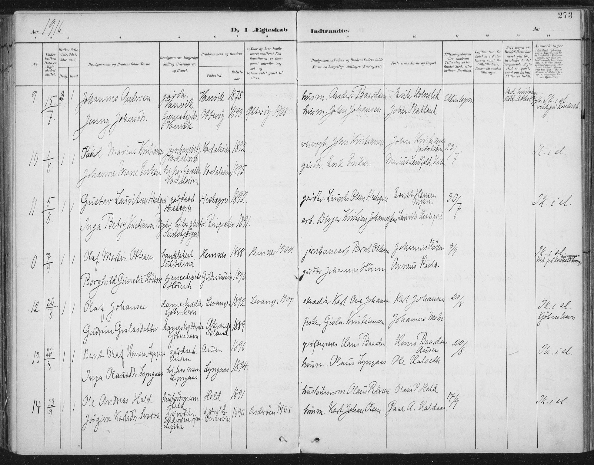 Ministerialprotokoller, klokkerbøker og fødselsregistre - Nord-Trøndelag, SAT/A-1458/723/L0246: Parish register (official) no. 723A15, 1900-1917, p. 273