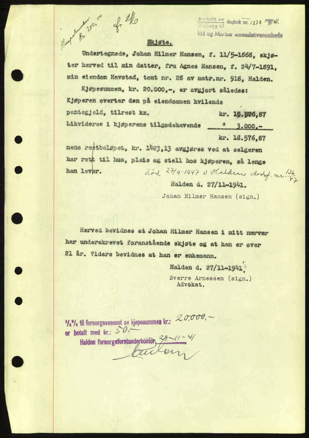 Idd og Marker sorenskriveri, AV/SAO-A-10283/G/Gb/Gbb/L0004: Mortgage book no. A4, 1940-1941, Diary no: : 1278/1941